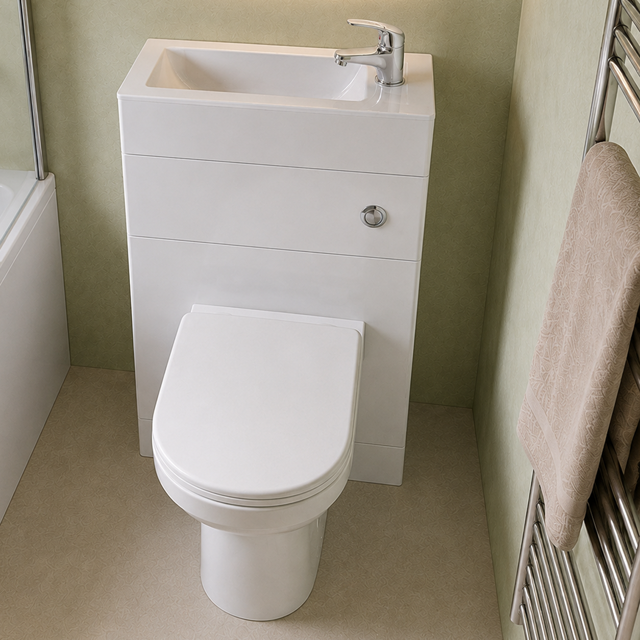 Small Bathroom Suite - Eslo 500mm WC & Basin 2 in 1 Toilet & 1500mm L-Shaped Shower Bath with Front Panel