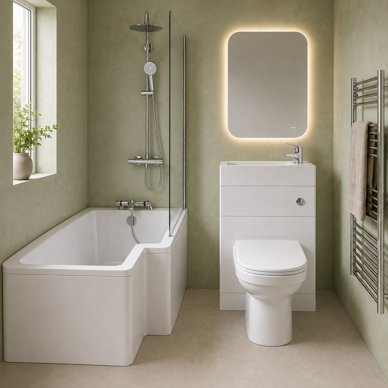 Small Bathroom Suite - Eslo 500mm WC & Basin 2 in 1 Toilet & 1500mm L-Shaped Shower Bath with Front Panel
