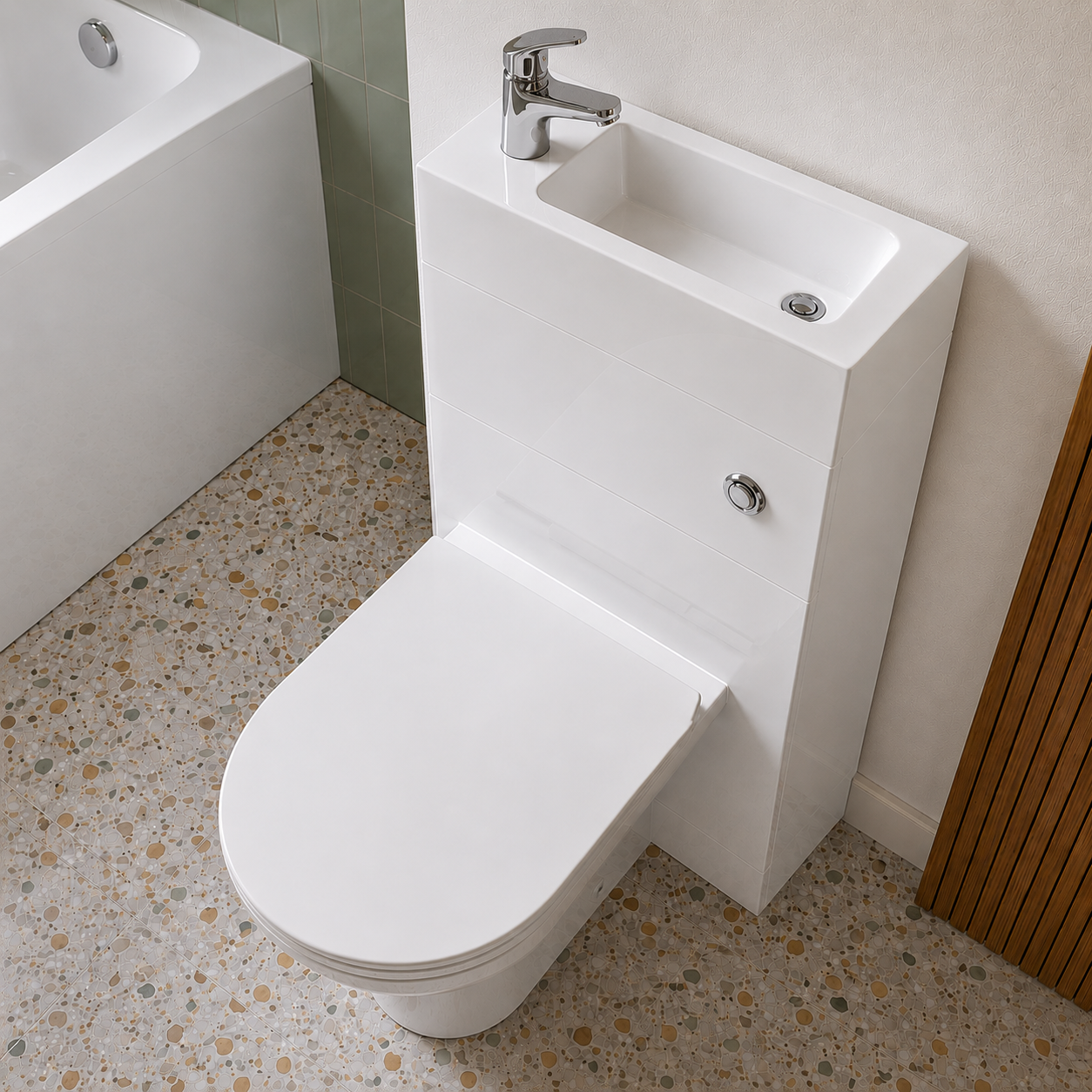 Small Bathroom Suite - Eslo 500mm 2 in 1 WC Toilet Basin & 1400mm Square Single Ended Bath