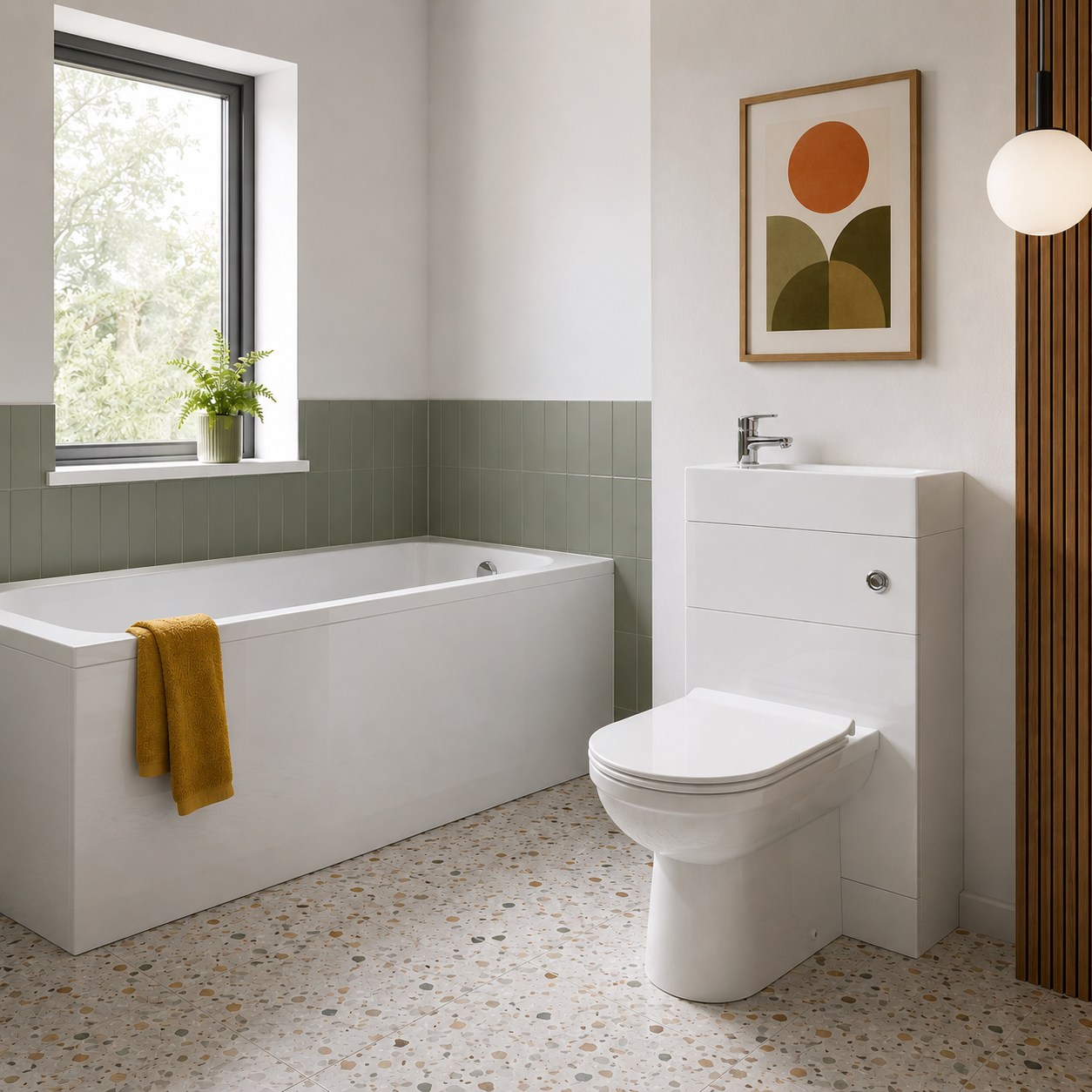 Small Bathroom Suite - Eslo 500mm 2 in 1 WC Toilet Basin & 1400mm Square Single Ended Bath