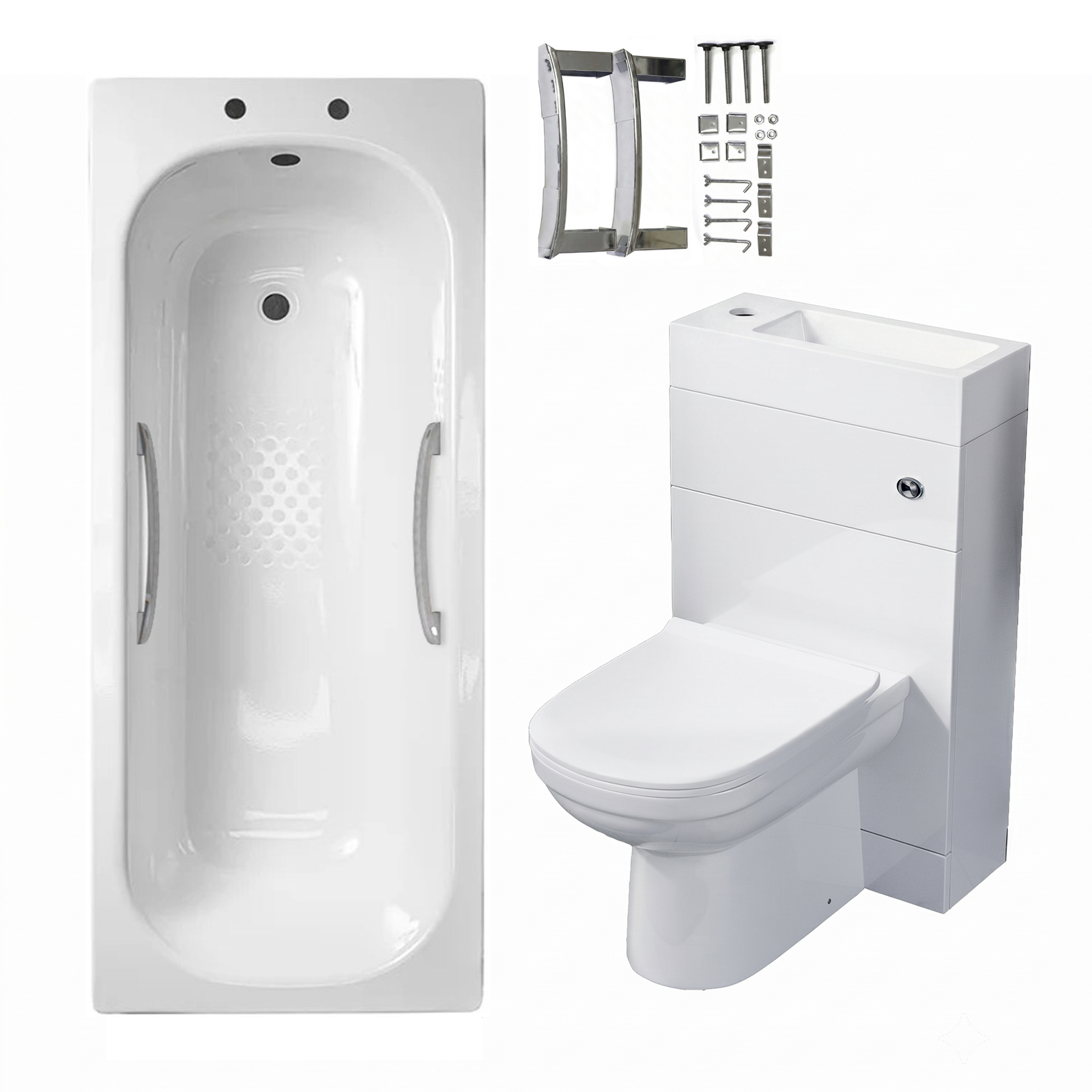Small Bathroom Suite - Eslo 500mm 2 in 1 WC Toilet Basin & 1500mm Steel Enamel Bath with Handles
