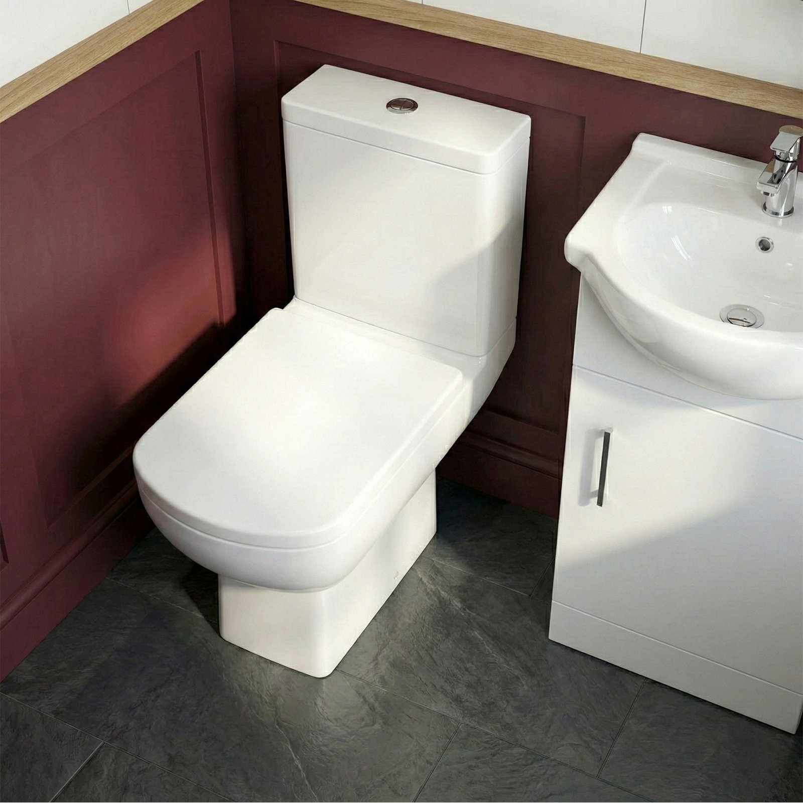 Ellen Cloakroom 450mm White Gloss Floorstanding Vanity Basin Unit & Close Coupled Toilet with Soft Close Seat