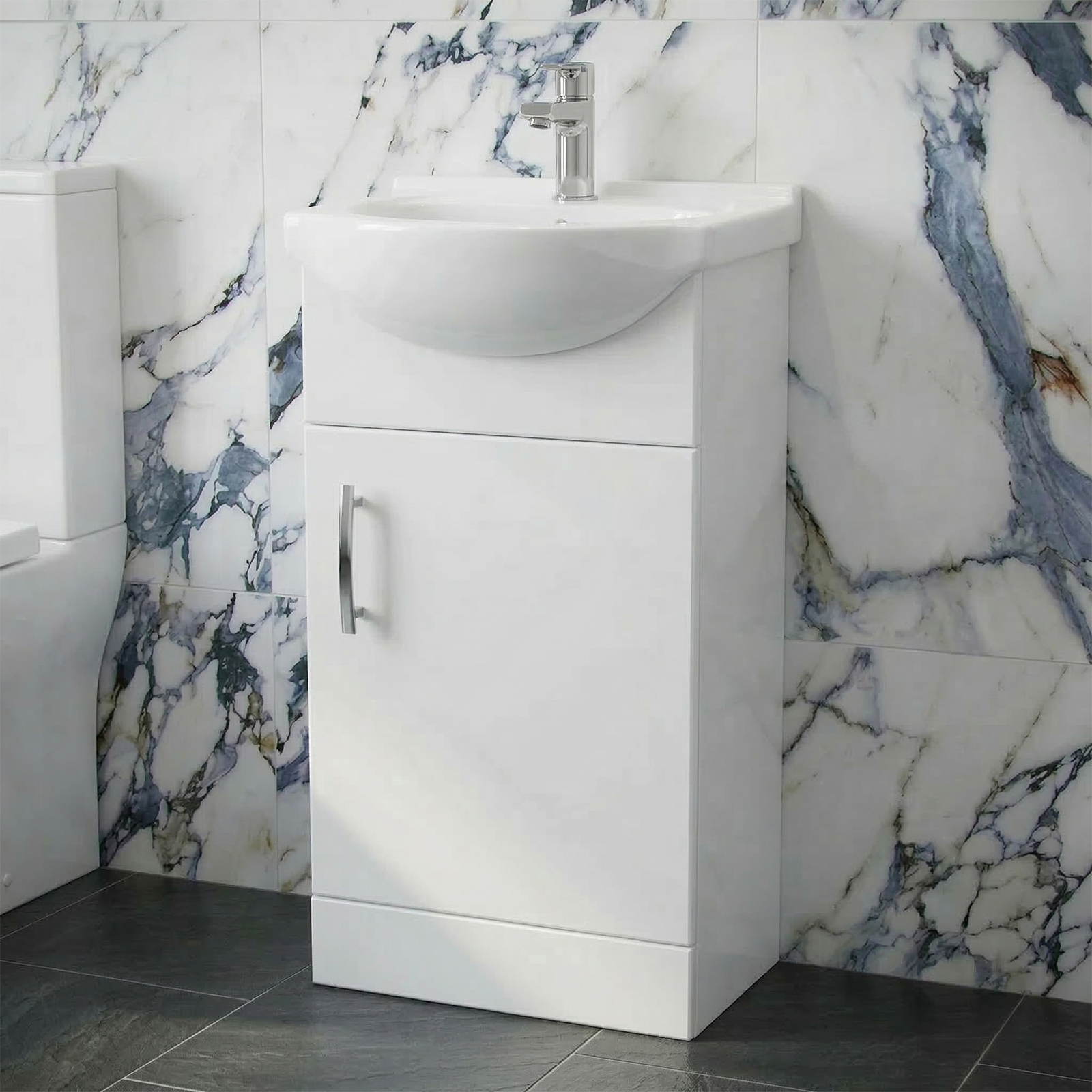 Ellen Cloakroom 450mm White Gloss Cloakroom Floorstanding Vanity Basin Unit & Close Coupled Toilet with Soft Close Seat