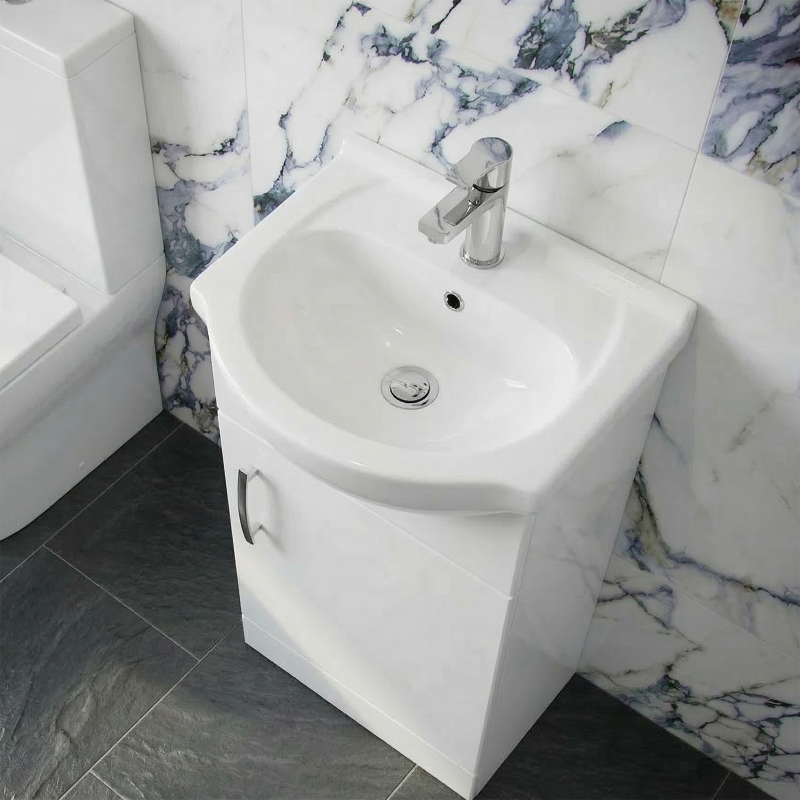 Ellen Cloakroom 450mm White Gloss Cloakroom Floorstanding Vanity Basin Unit & Close Coupled Toilet with Soft Close Seat