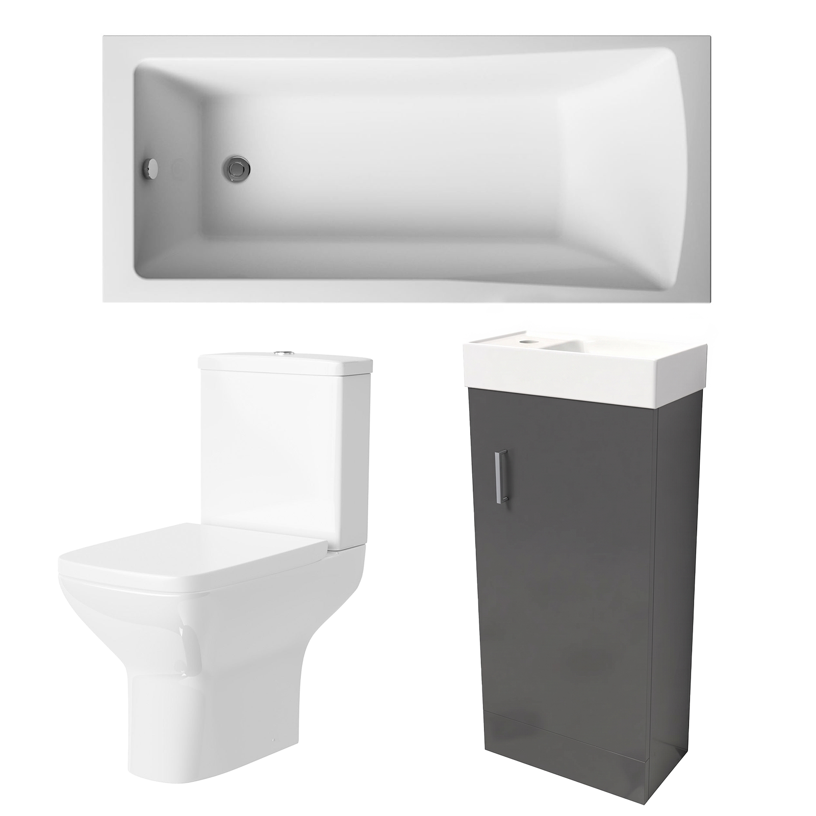 Small Bathroom Suite - Nanuya 400mm Anthracite Cloakroom Basin Vanity Unit with Close Coupled Toilet & 1400mm Square Single Ended Bath