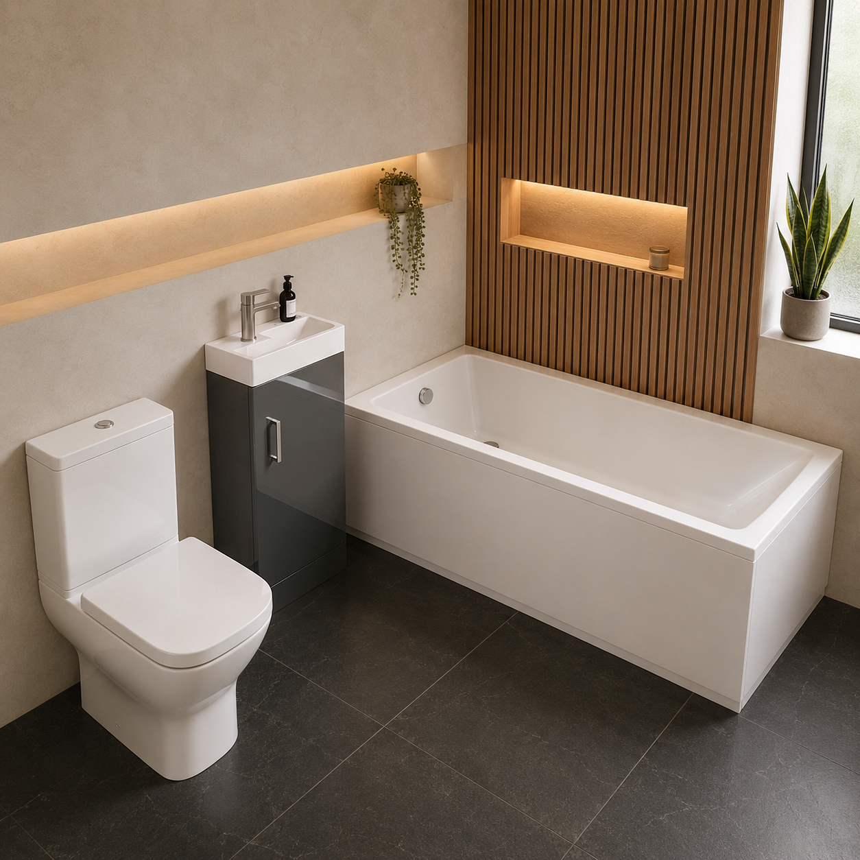 Small Bathroom Suite - Nanuya 400mm Anthracite Cloakroom Basin Vanity Unit with Close Coupled Toilet & 1400mm Square Single Ended Bath