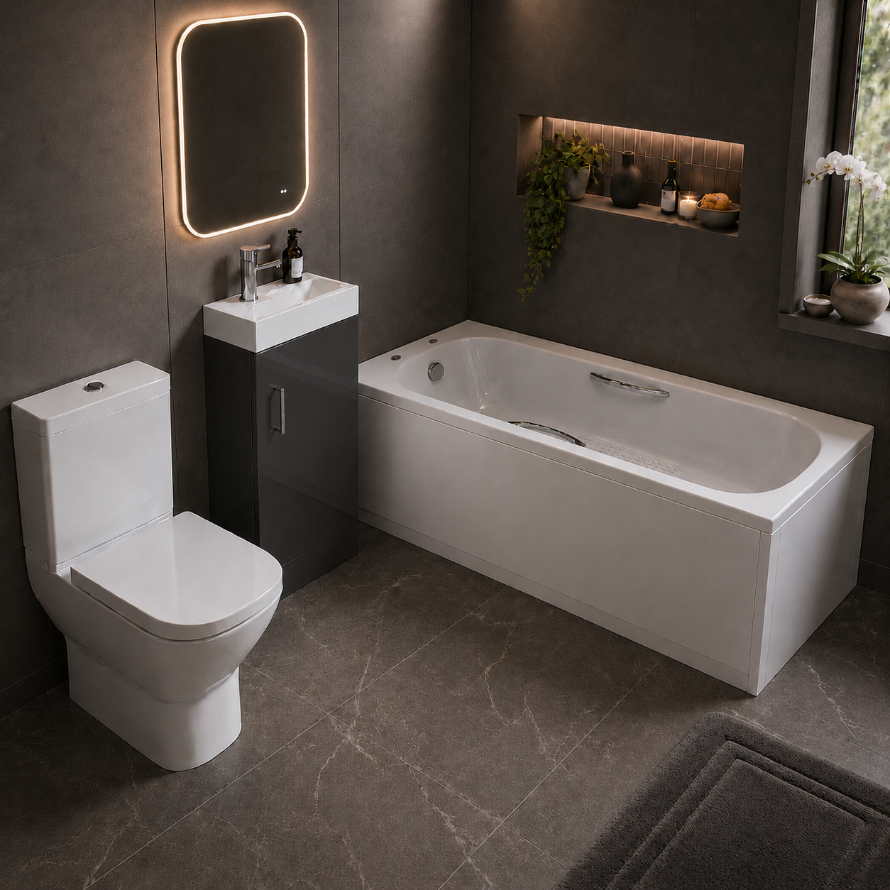 Small Bathroom Suite - Nanuya 400mm Anthracite Cloakroom Basin Vanity Unit with Close Coupled Toilet & 1500mm Steel Enamel Bath with Handles