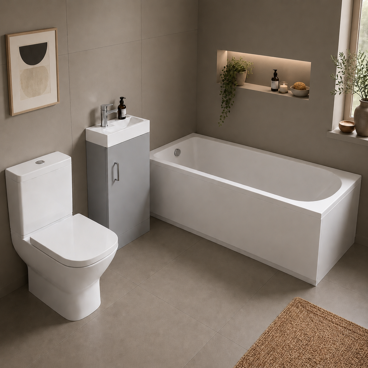 Small Bathroom Suite - Nanuya 400mm Matt Grey Cloakroom Basin Vanity Unit with Close Coupled Toilet & 1500mm Steel Enamel Bath with Handles