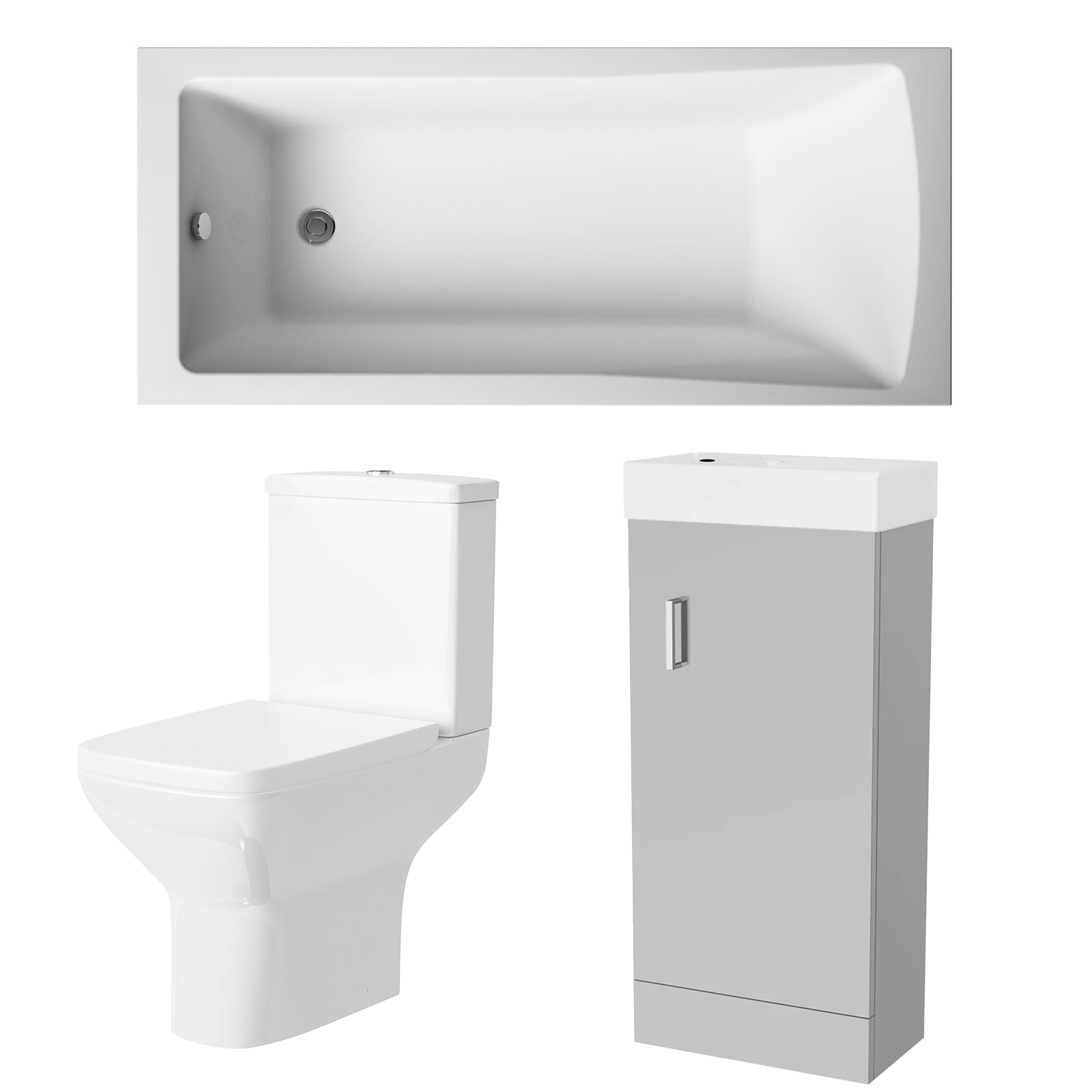 Small Bathroom Suite - Nanuya 400mm Matte Grey Cloakroom Basin Vanity Unit with Close Coupled Toilet & 1400mm Square Single Ended Bath
