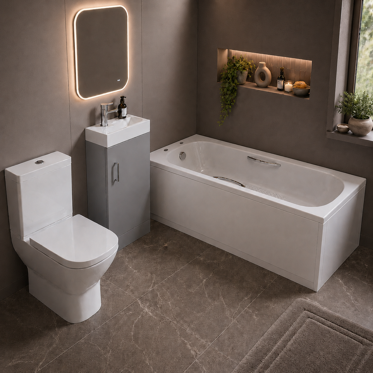 Small Bathroom Suite - Nanuya 400mm Matt Grey Cloakroom Basin Vanity Unit with Close Coupled Toilet & 1500mm Steel Enamel Bath with Handles