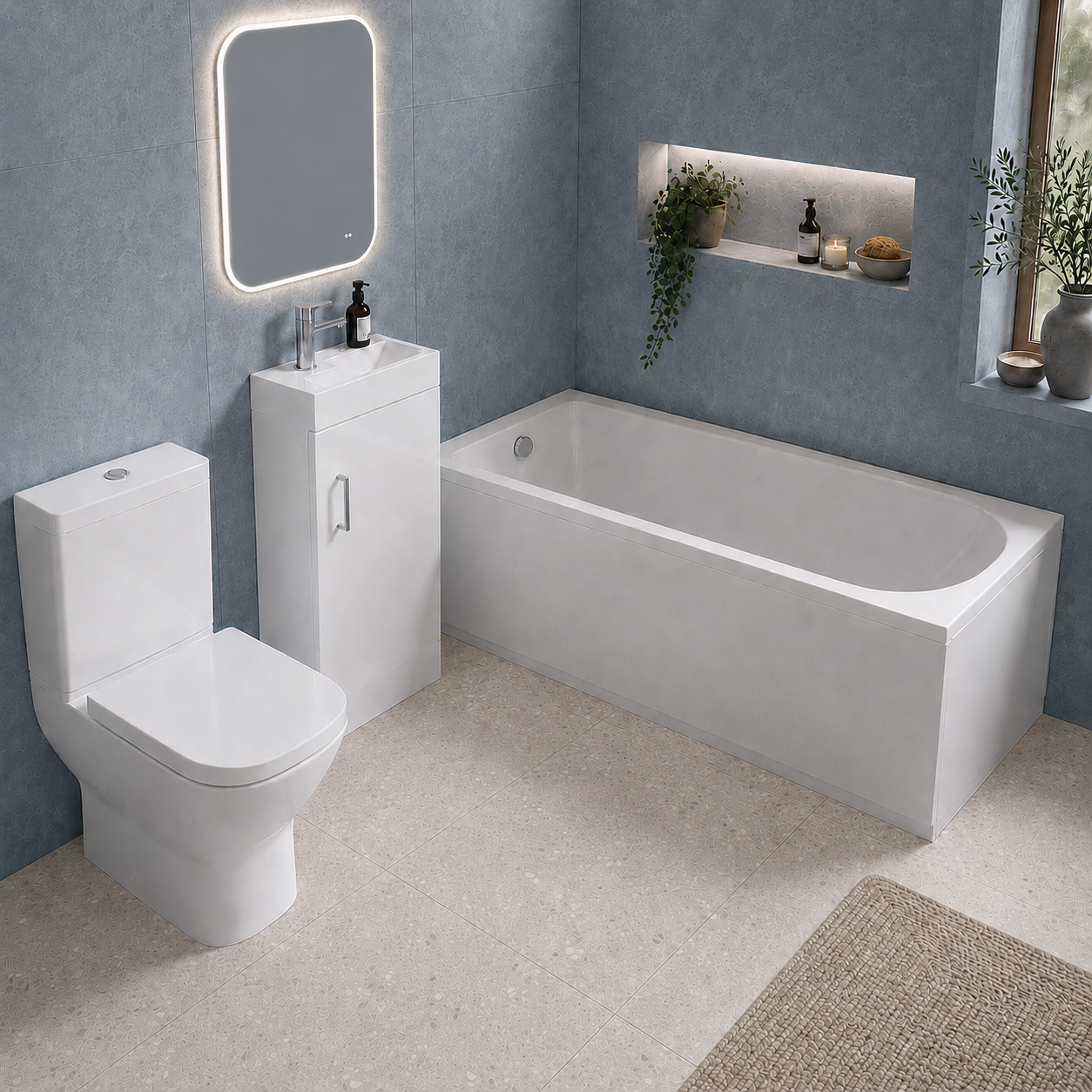 Small Bathroom Suite - Nanuya 400mm White Cloakroom Basin Vanity Unit with Close Coupled Toilet & 1500mm Standard Round Single Ended Bath