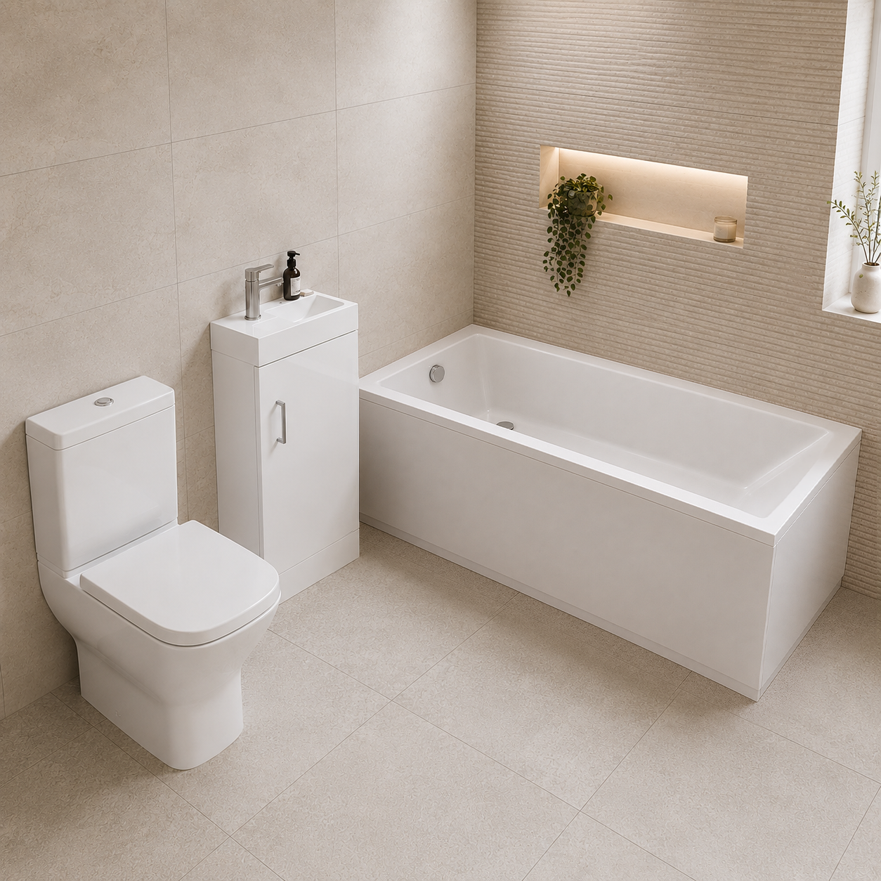 Small Bathroom Suite - Nanuya 400mm White Cloakroom Basin Vanity Unit with Close Coupled Toilet & 1400mm Square Single Ended Bath