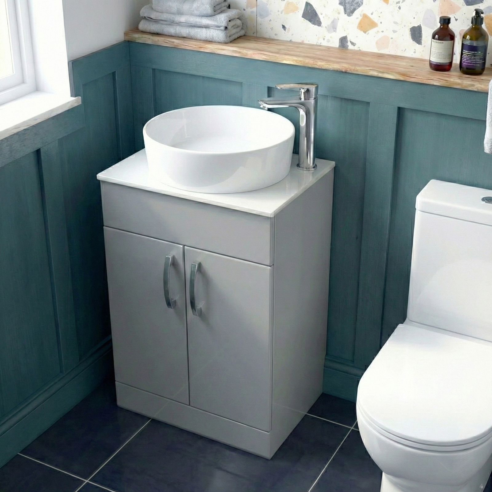 Nanuya Cloakroom 500mm Matte Grey Freestanding Vanity Round Basin Unit & Close Coupled Toilet with Soft Close Seat