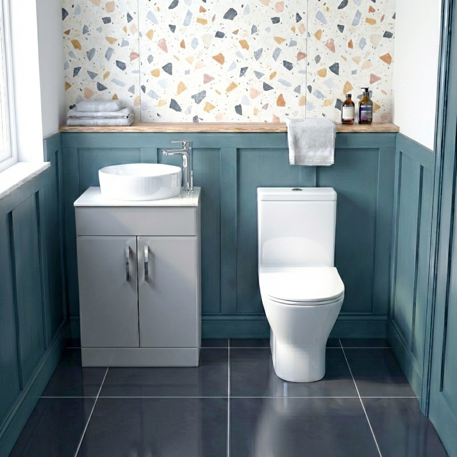 Nanuya Cloakroom 500mm Matte Grey Freestanding Vanity Round Basin Unit & Close Coupled Toilet with Soft Close Seat