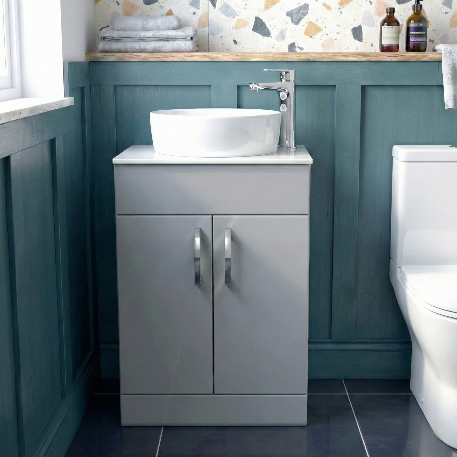 Nanuya Cloakroom 500mm Matte Grey Freestanding Vanity Round Basin Unit & Close Coupled Toilet with Soft Close Seat