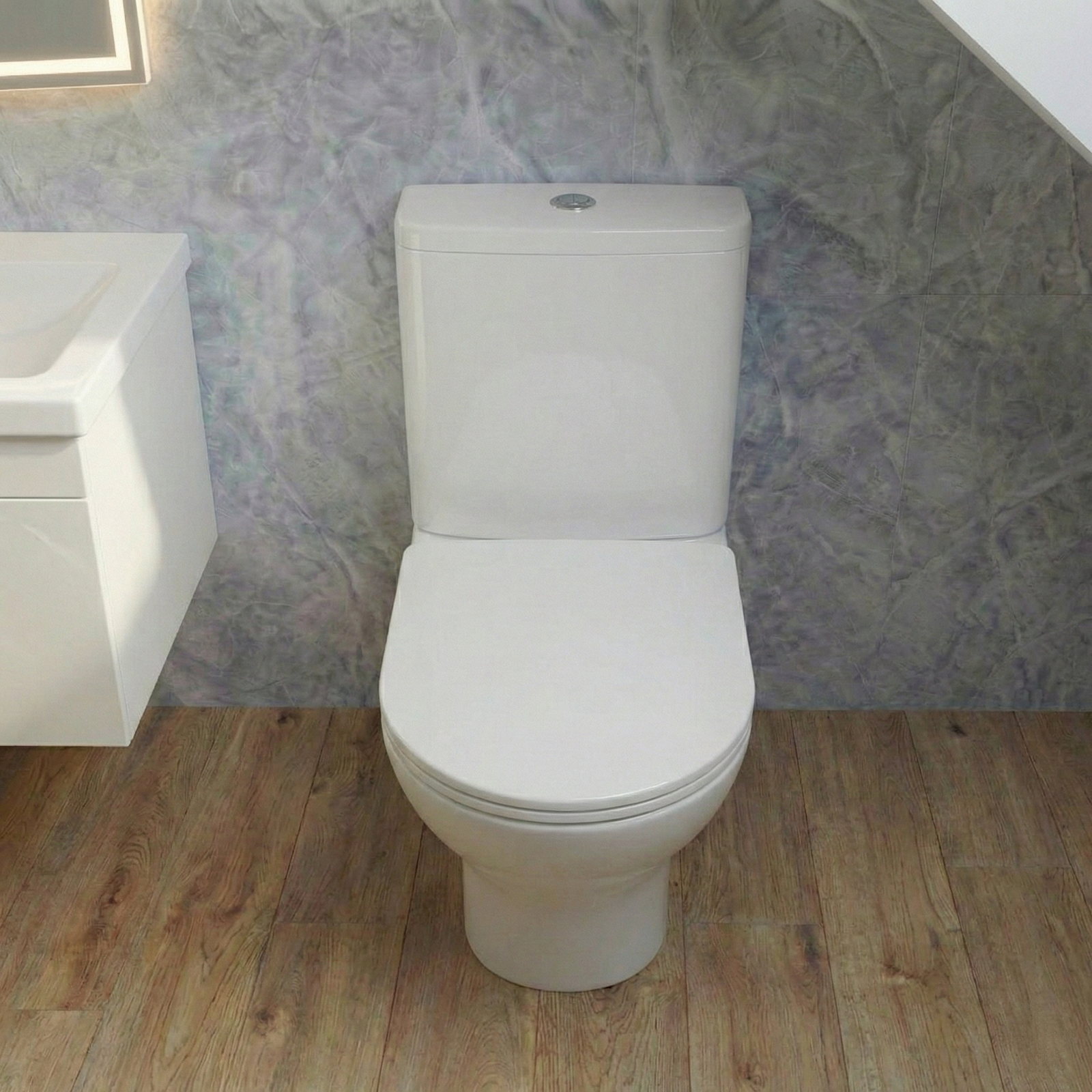 Nanuya Cloakroom 500mm White Wall Hung 1 Drawer Vanity Basin Unit & Close Coupled Toilet with Soft Close Seat