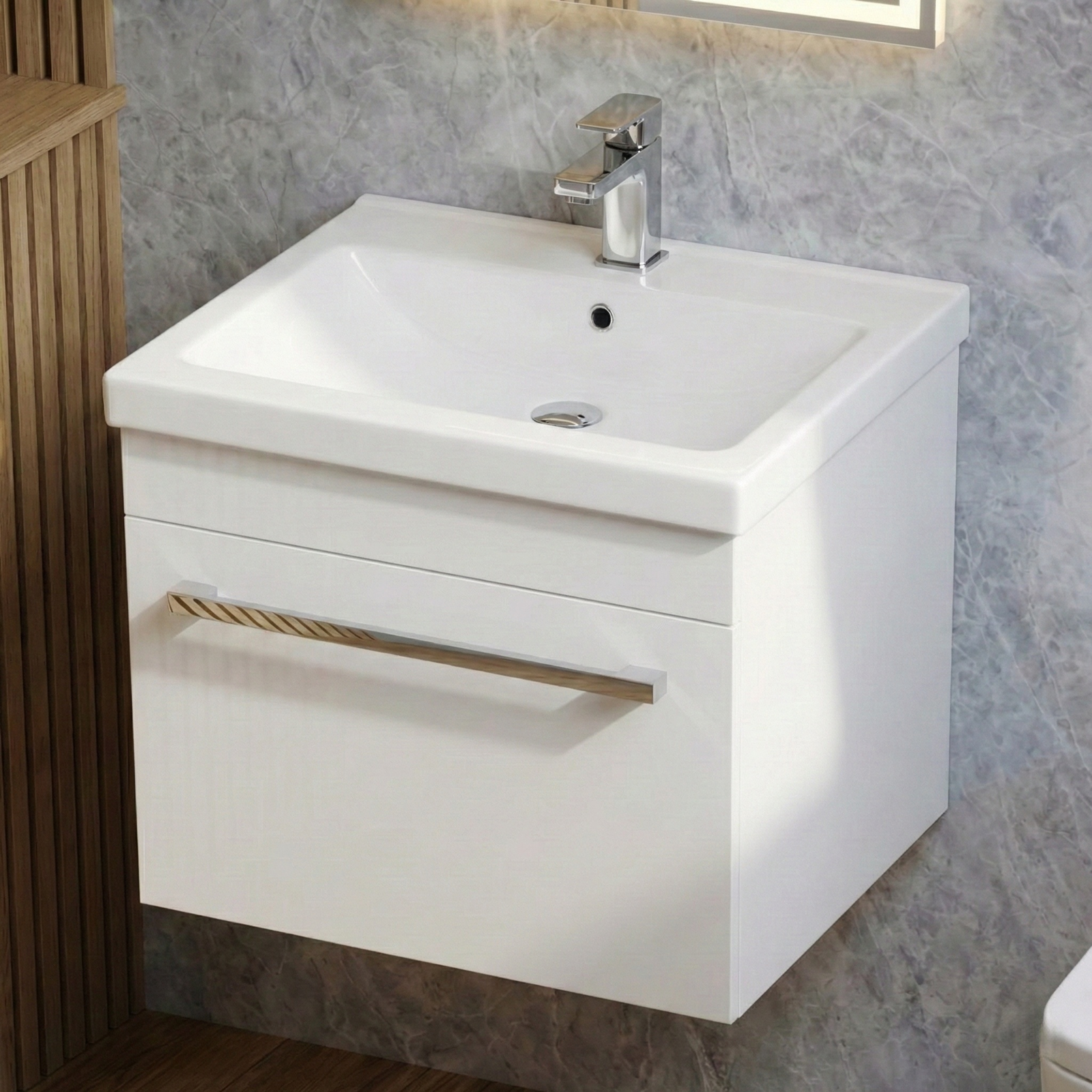Nanuya Cloakroom 500mm White Wall Hung 1 Drawer Vanity Basin Unit & Close Coupled Toilet with Soft Close Seat