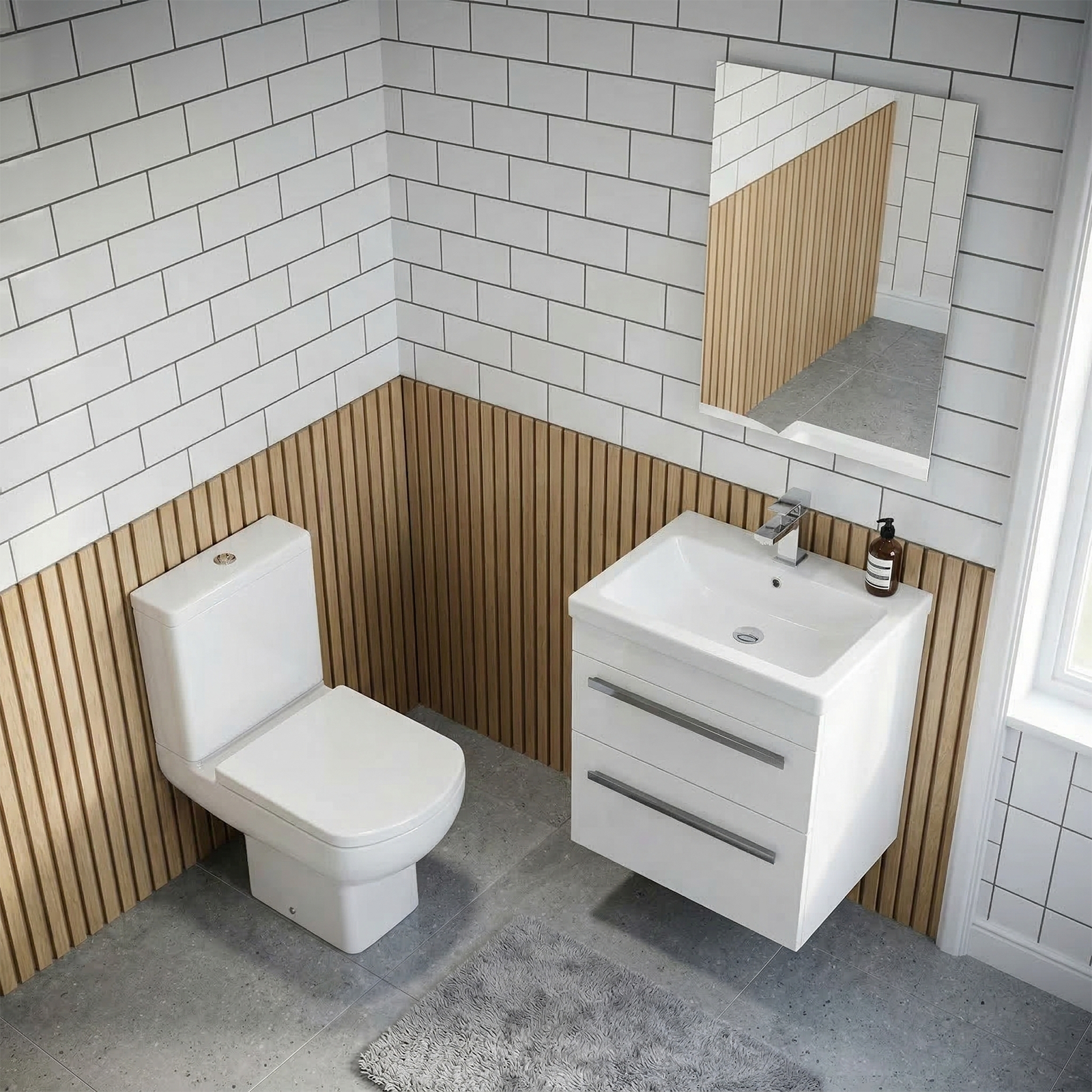 Nanuya Cloakroom 500mm White Wall Hung 2 Drawer Vanity Basin Unit & Close Coupled Toilet with Soft Close Seat