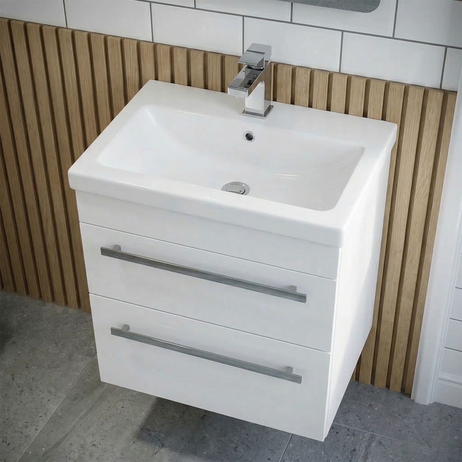 Nanuya Cloakroom 500mm White Wall Hung 2 Drawer Vanity Basin Unit & Close Coupled Toilet with Soft Close Seat