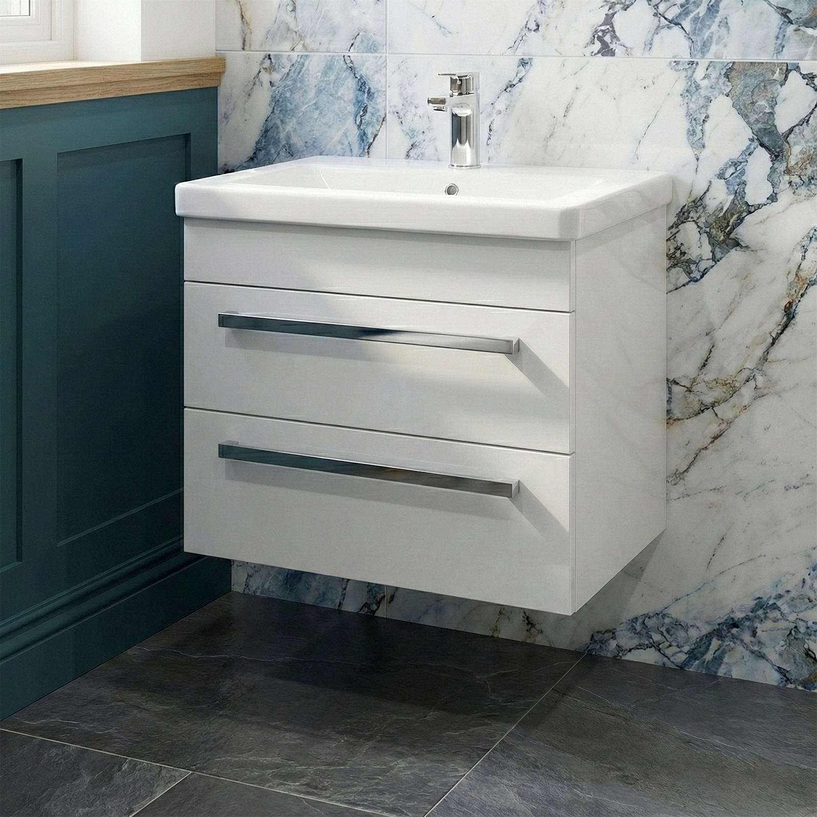 Nanuya Cloakroom 500mm Wall Hung 2 Drawer Vanity & Close Coupled Toilet with Soft Close Seat