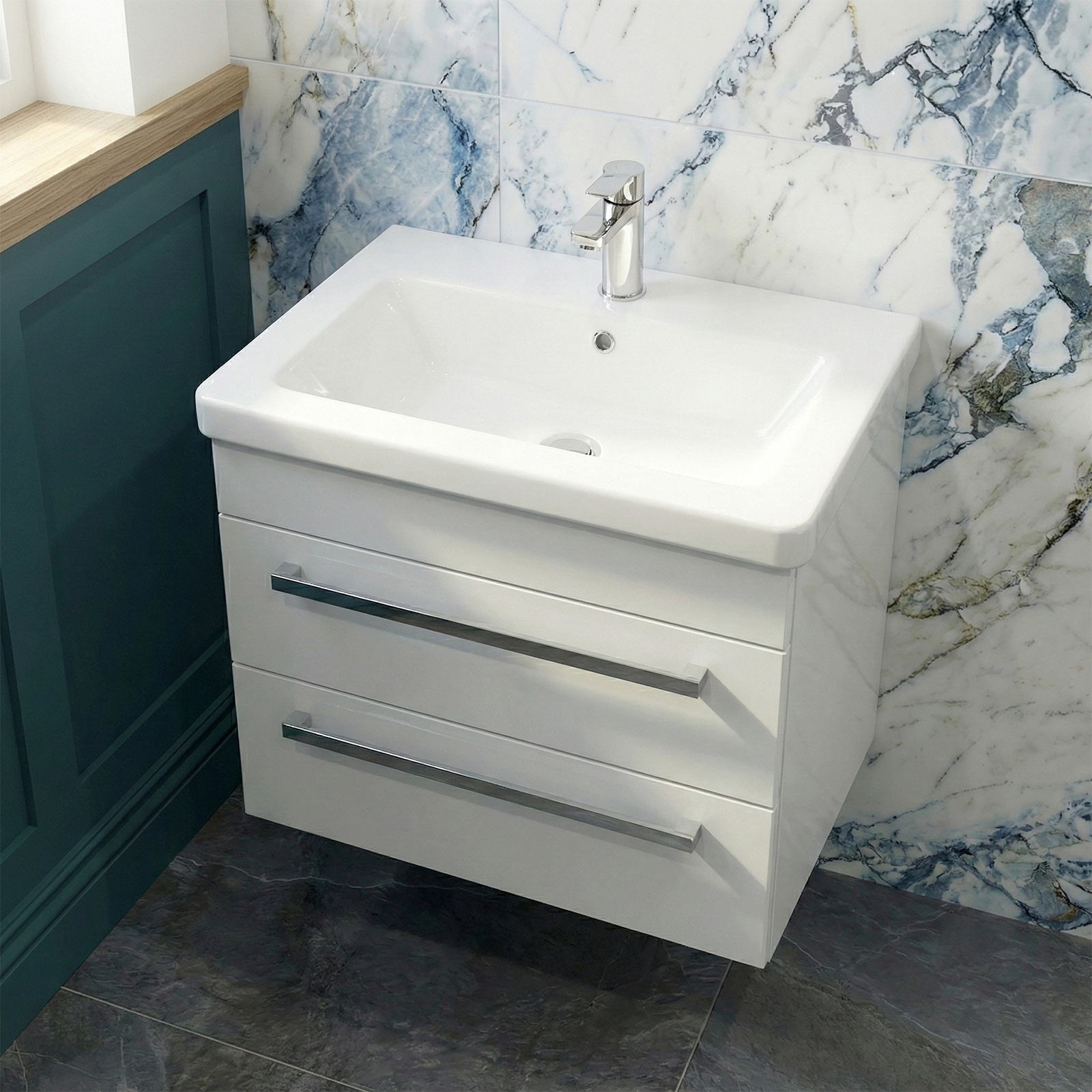 Nanuya Cloakroom 500mm Wall Hung 2 Drawer Vanity & Close Coupled Toilet with Soft Close Seat