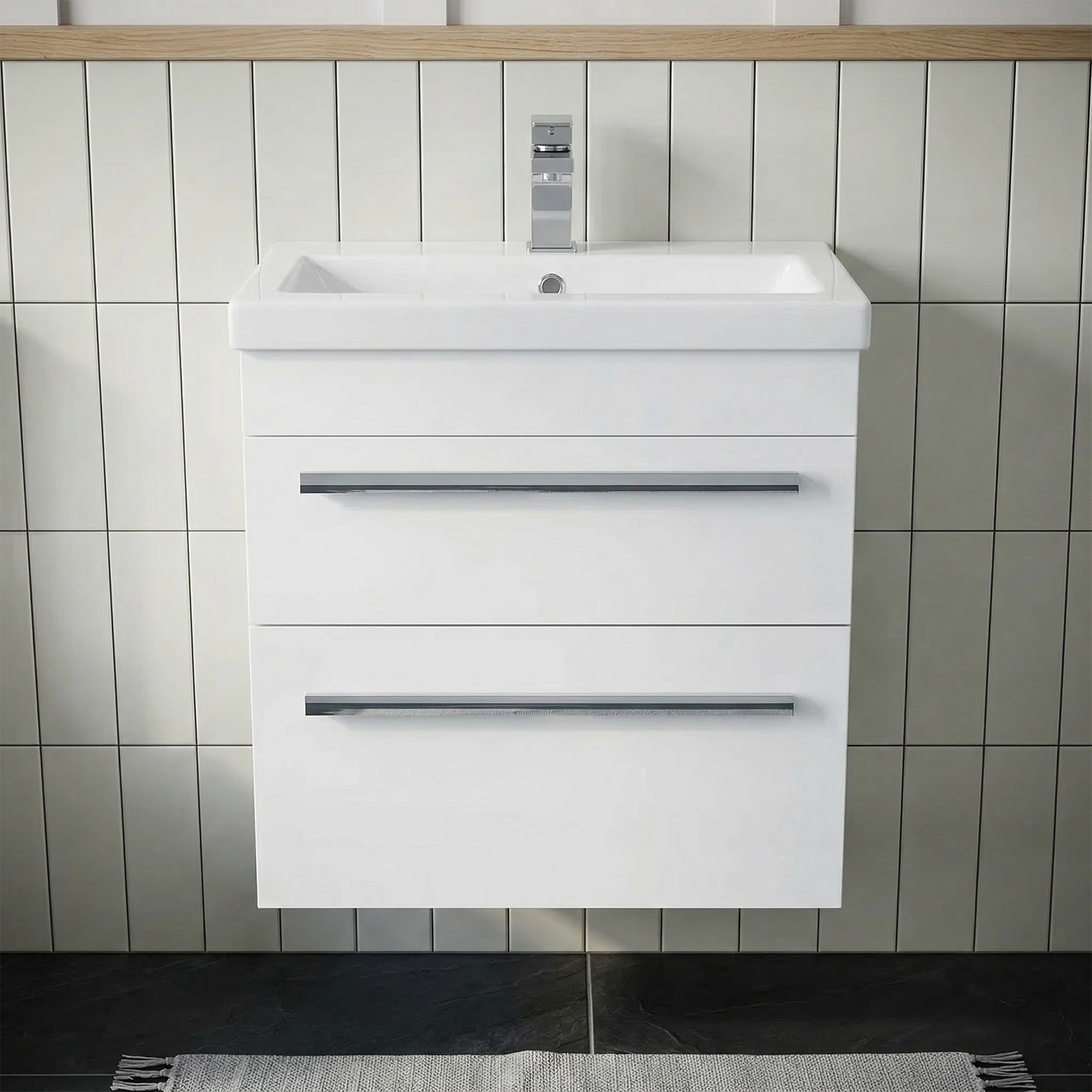 Nanuya Cloakroom 500mm White Wall Hung 2 Drawer Vanity Basin Unit & Close Coupled Toilet with Soft Close Seat