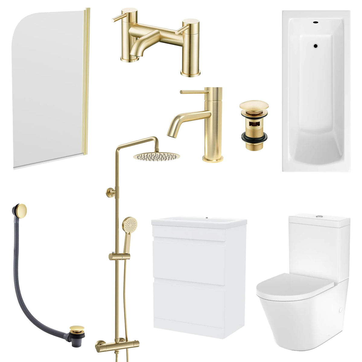 Bathroom Suite - Alaska 1700mm Square Single Ended Bathtub with Screen, 600mm 2 Drawer Basin Vanity & Close Coupled Toilet - Set with Brushed Brass Fittings