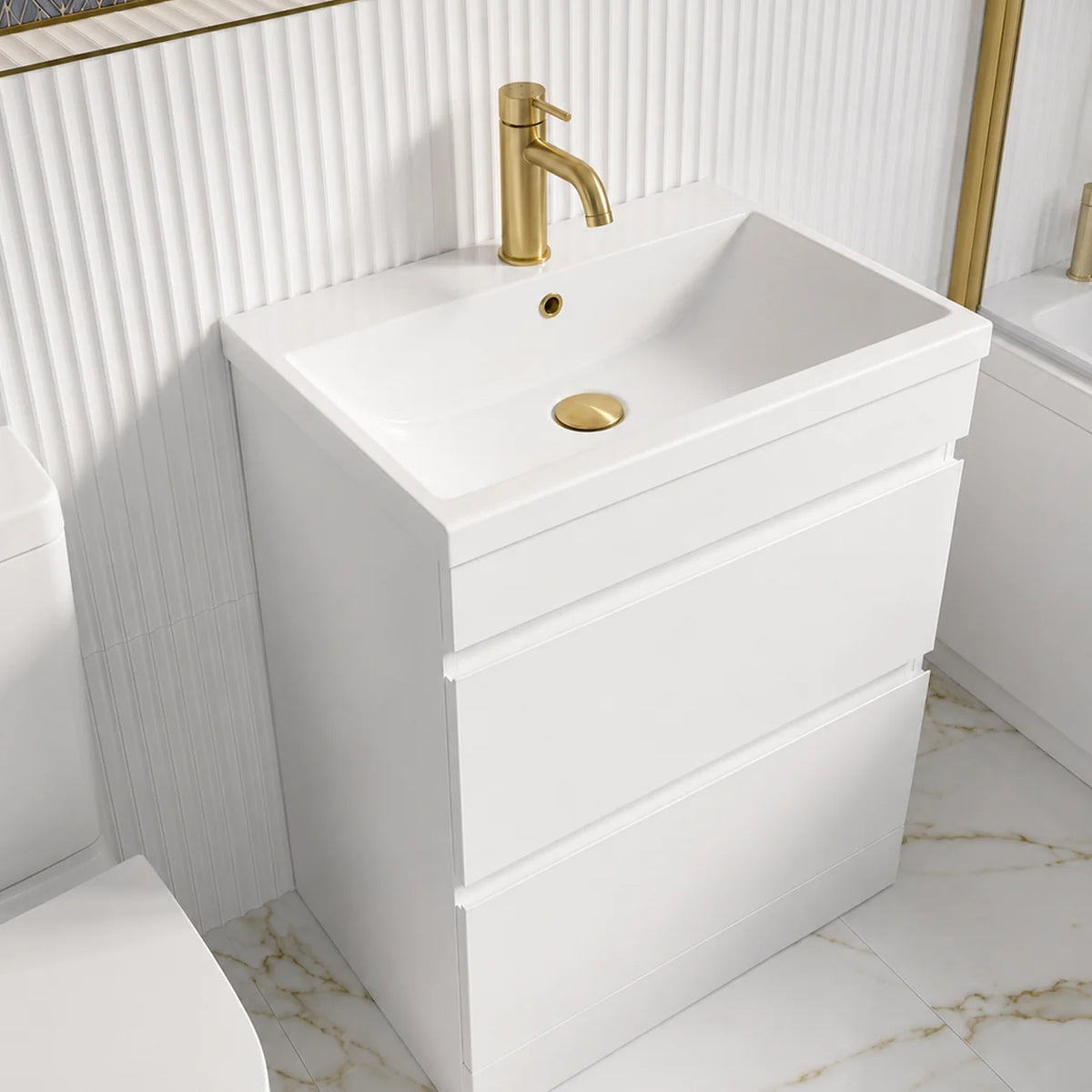 Bathroom Suite - Alaska 1700mm Square Single Ended Bathtub with Screen, 600mm 2 Drawer Basin Vanity & Close Coupled Toilet - Set with Brushed Brass Fittings