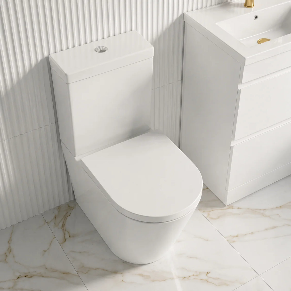 Bathroom Suite - Alaska 1700mm Square Single Ended Bathtub with Screen, 600mm 2 Drawer Basin Vanity & Close Coupled Toilet - Set with Brushed Brass Fittings