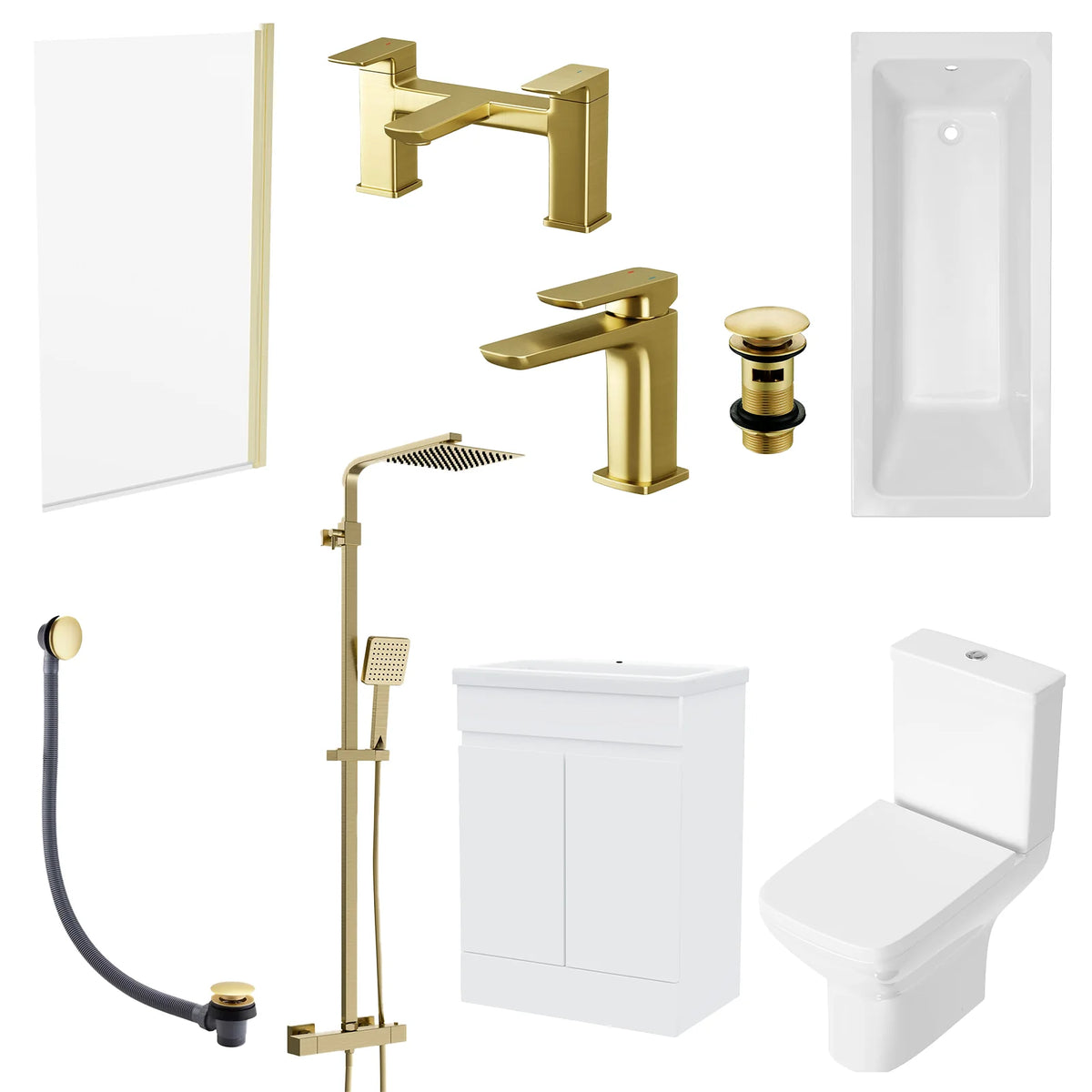 Bathroom Suite - Alaska 1700mm Bathtub with Bath Screen, 600mm Basin Vanity & Close Coupled Toilet Set with Brushed Brass Fittings