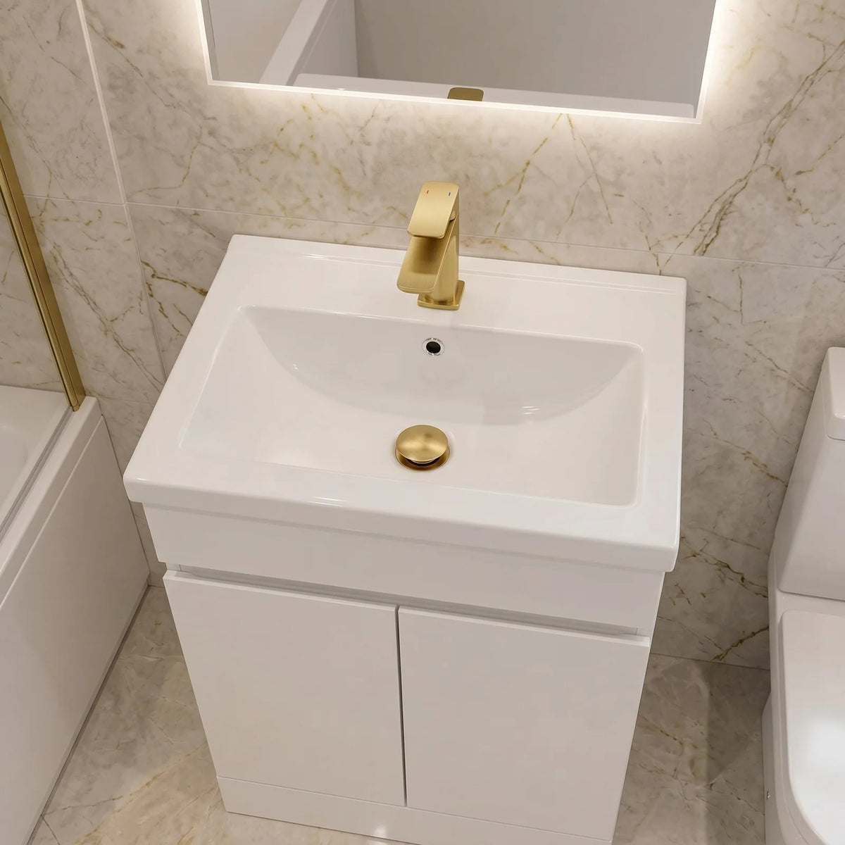 Bathroom Suite - Alaska 1700mm Bathtub with Bath Screen, 600mm Basin Vanity & Close Coupled Toilet Set with Brushed Brass Fittings