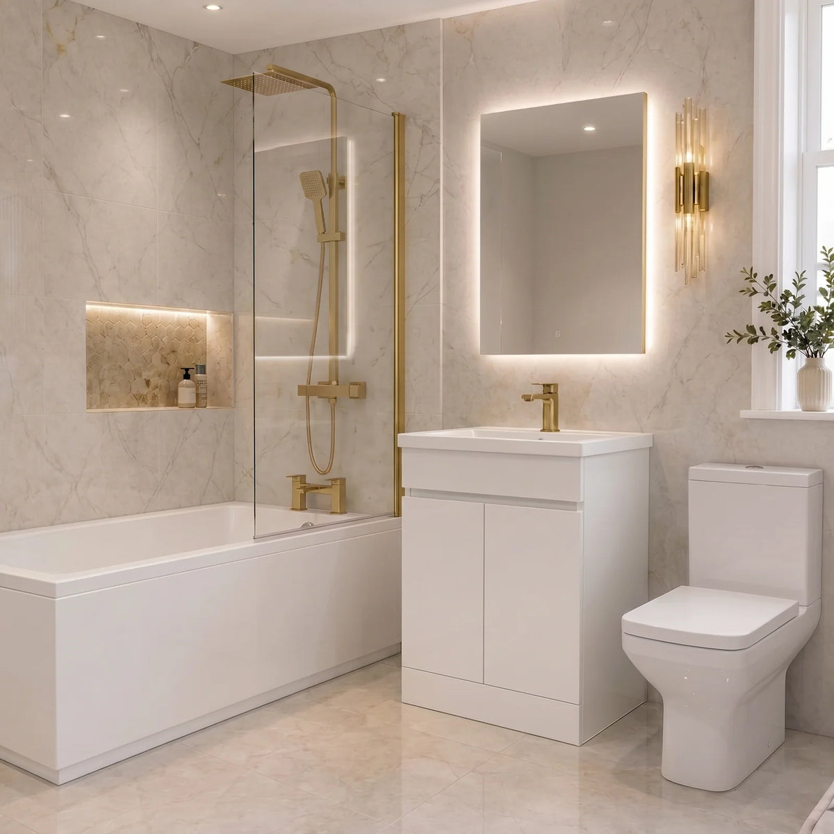 Bathroom Suite - Alaska 1700mm Bathtub with Bath Screen, 600mm Basin Vanity & Close Coupled Toilet Set with Brushed Brass Fittings