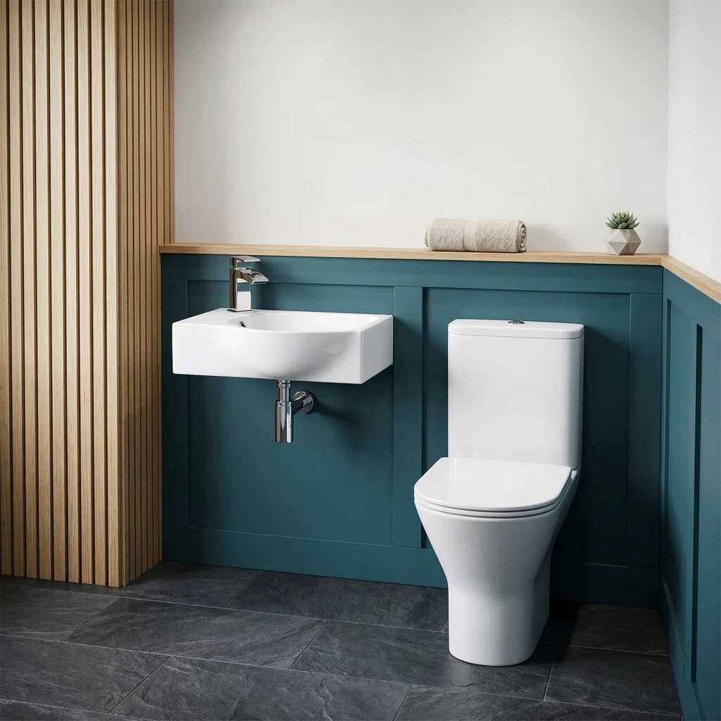 Alexa Retangular Alexa Cloakroom Rimless Close Coupled Toilet & 400mm Wall Hung Left Ha