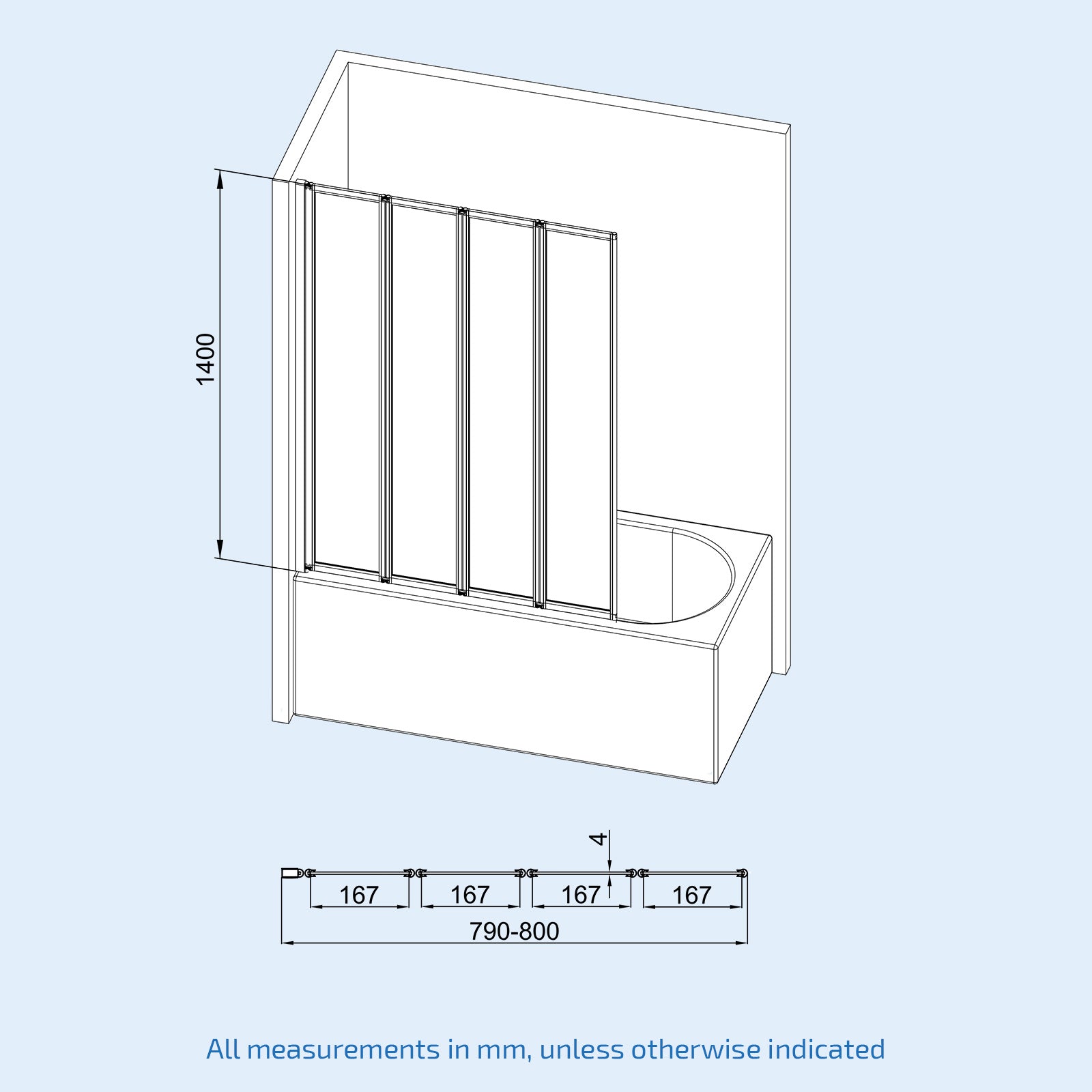 Parga 800 x 1400 mm 4 Fold Door Bath Shower Screen Black Frame