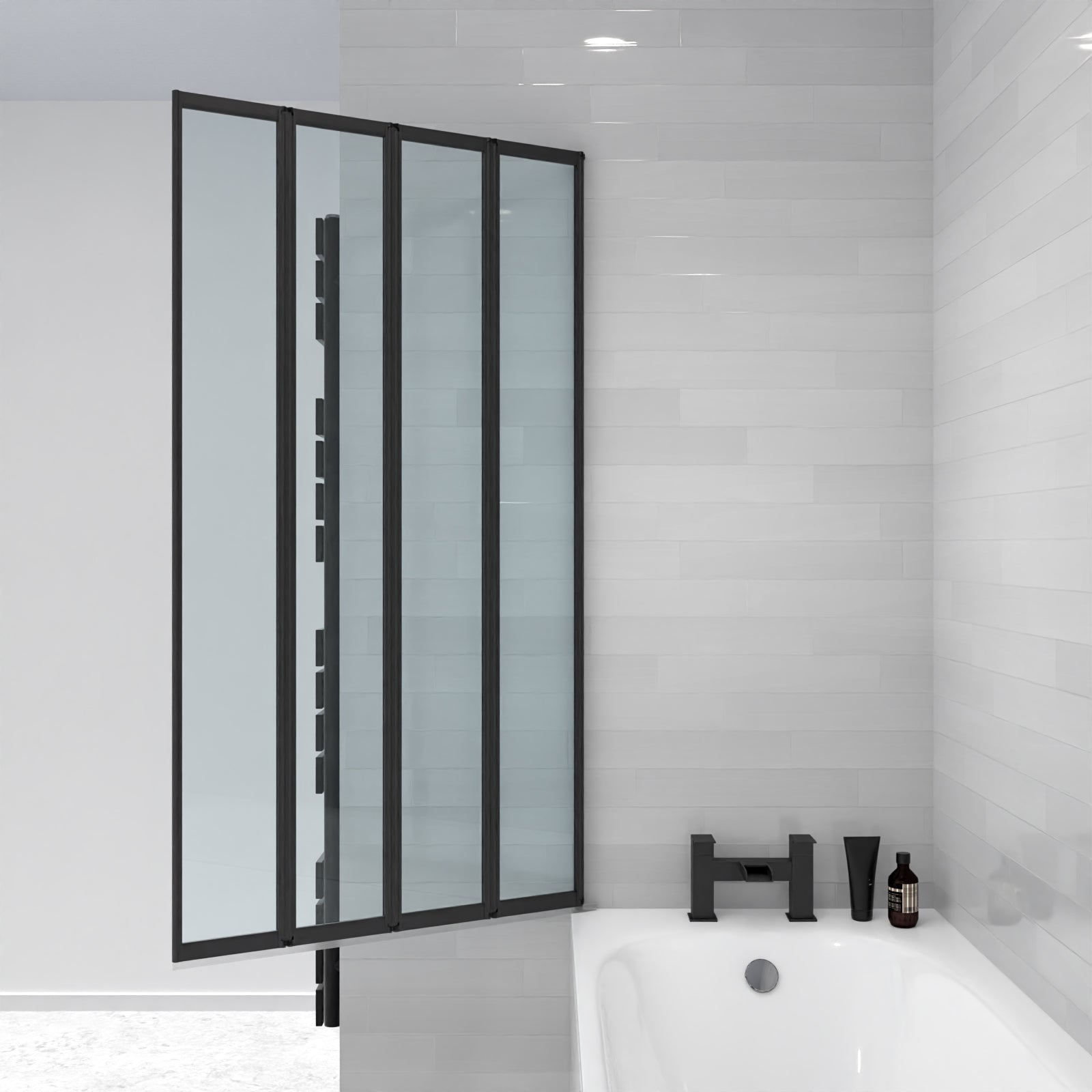 Parga 800 x 1400 mm 4 Fold Door Bath Shower Screen Black Frame