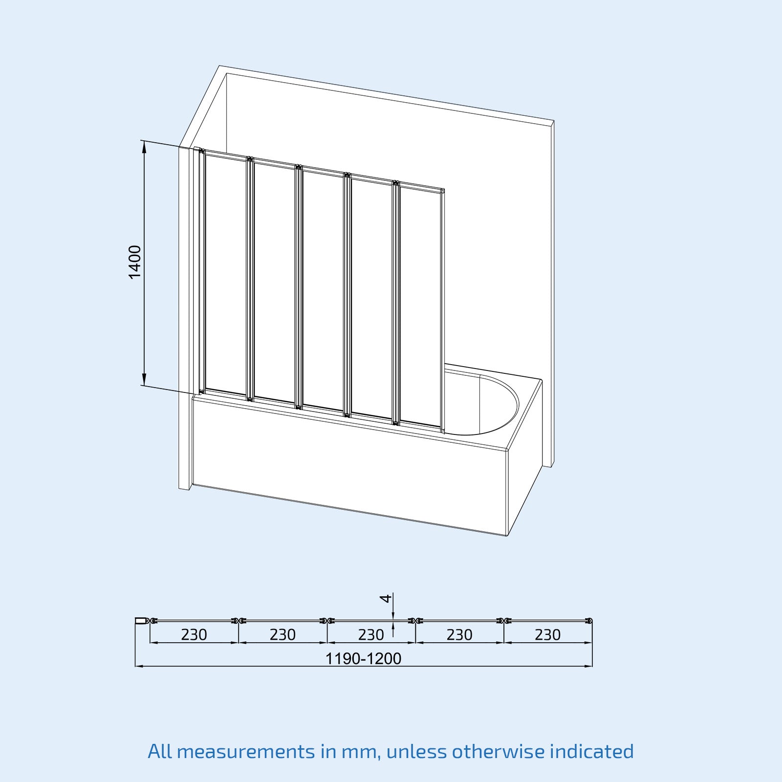 Parga 5 Fold Folding Over Bath Shower Bath Screen Collapsing Glass Door Panel