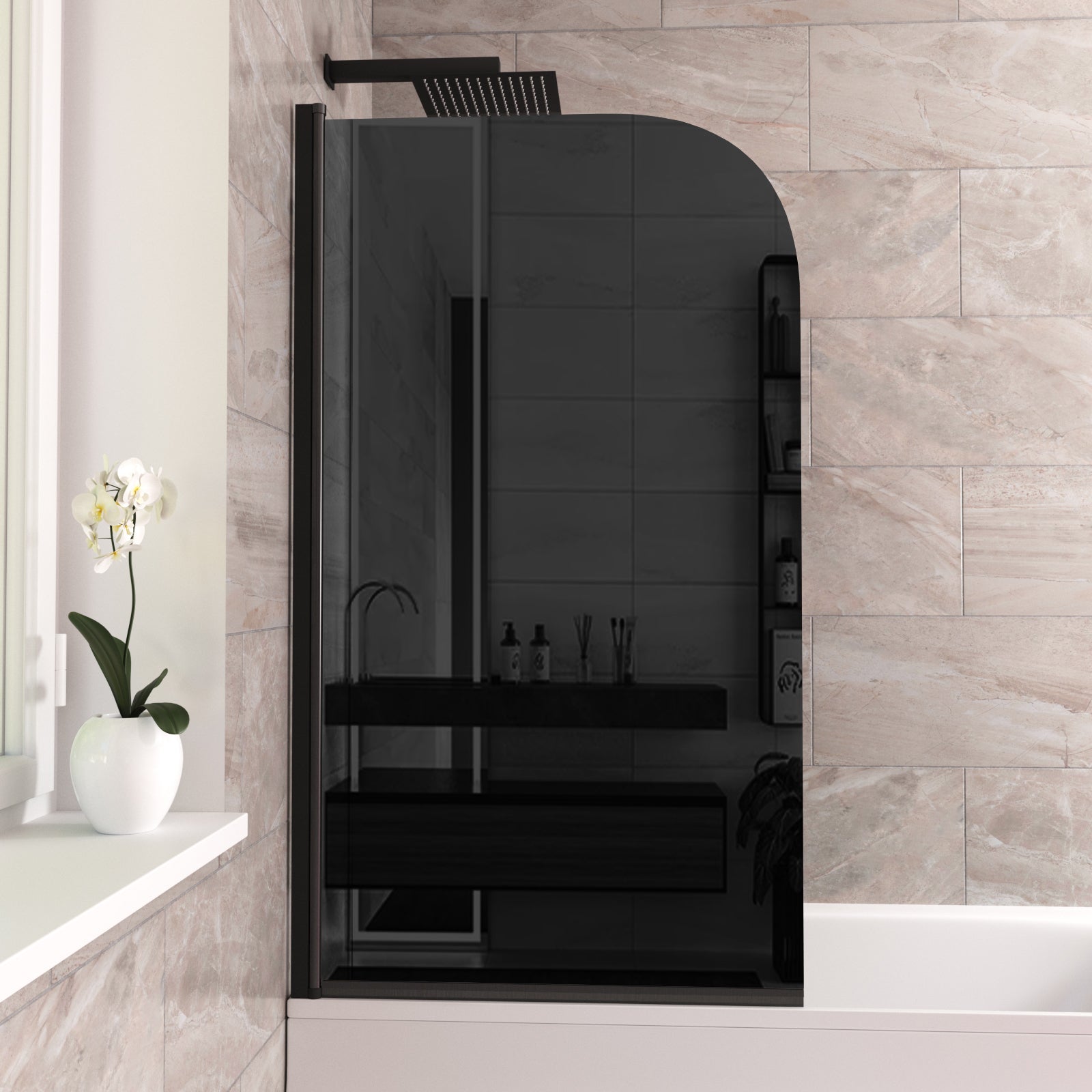 800 Curved Bath Screen Matt Black Profile With Glass Reversible Denver