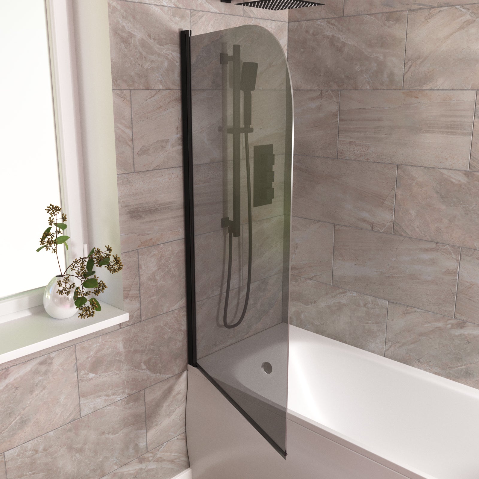 Denver 800mm Curved Bath Screen Matt Black Profile Grey Tinted Glass Reversible