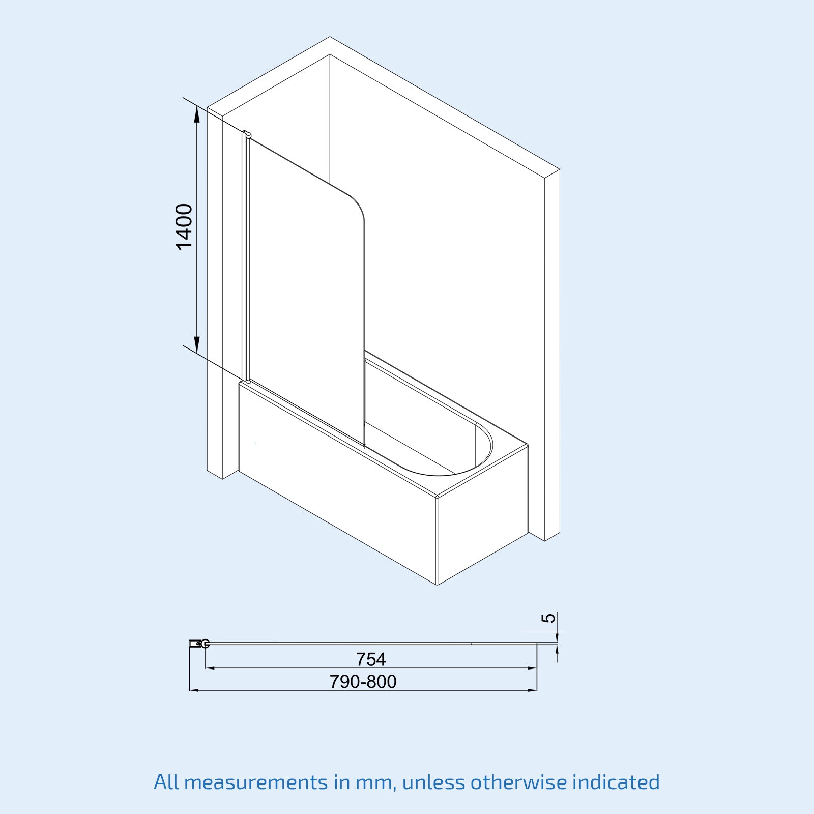 Denver 800mm Curved Bath Screen Matt Black Profile Clear Glass Reversible