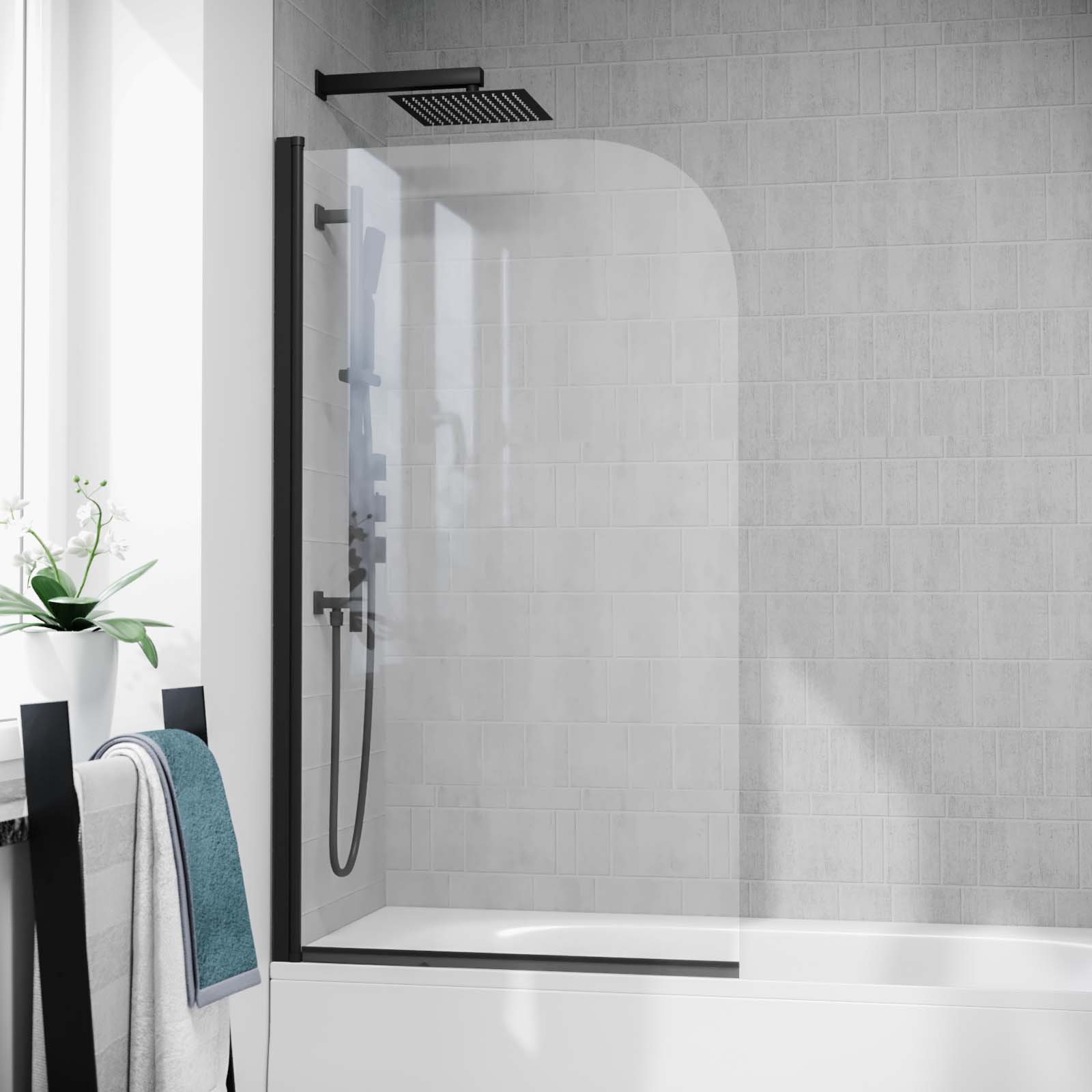 Denver 800mm Curved Bath Screen Matt Black Profile Clear Glass Reversible