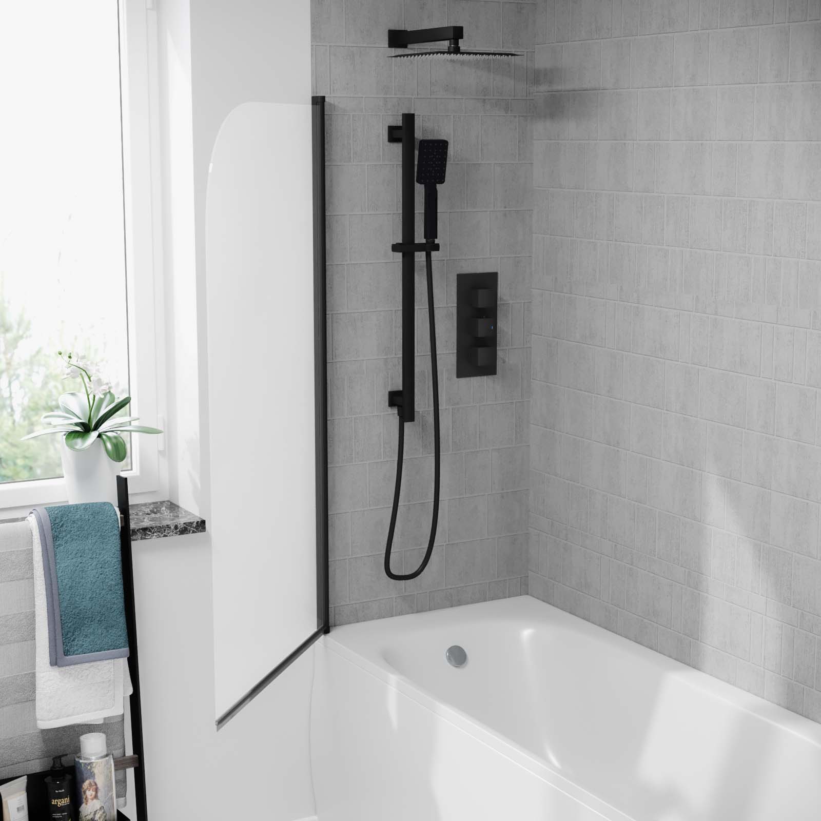 Denver 800mm Curved Bath Screen Matt Black Profile Clear Glass Reversible