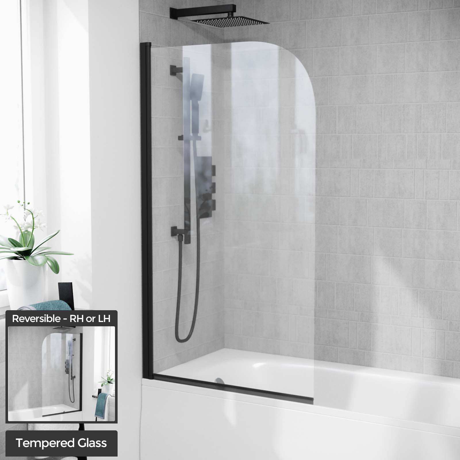 Denver 800mm Curved Bath Screen Matt Black Profile Clear Glass Reversible