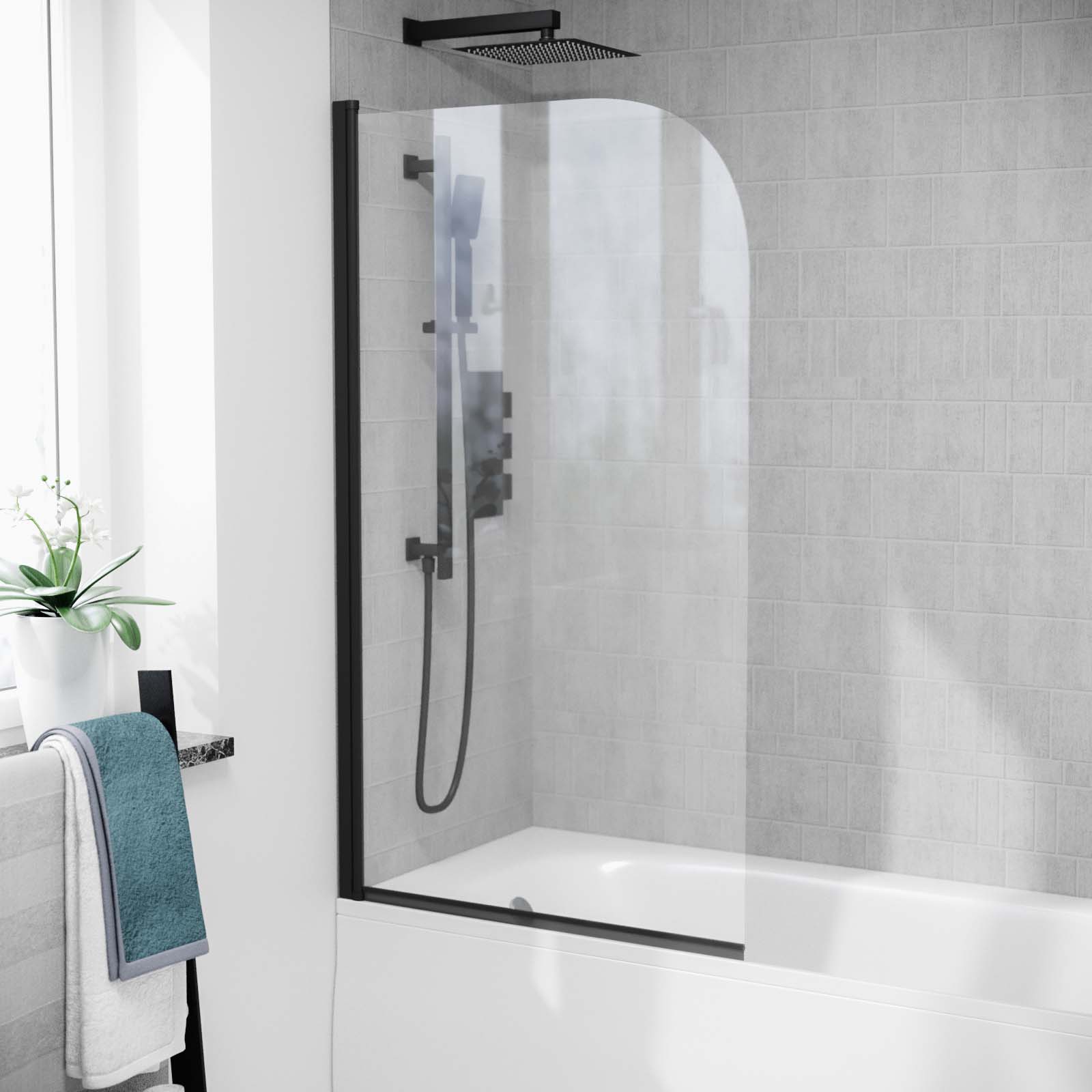 Denver 800mm Curved Bath Screen Matt Black Profile Clear Glass Reversible