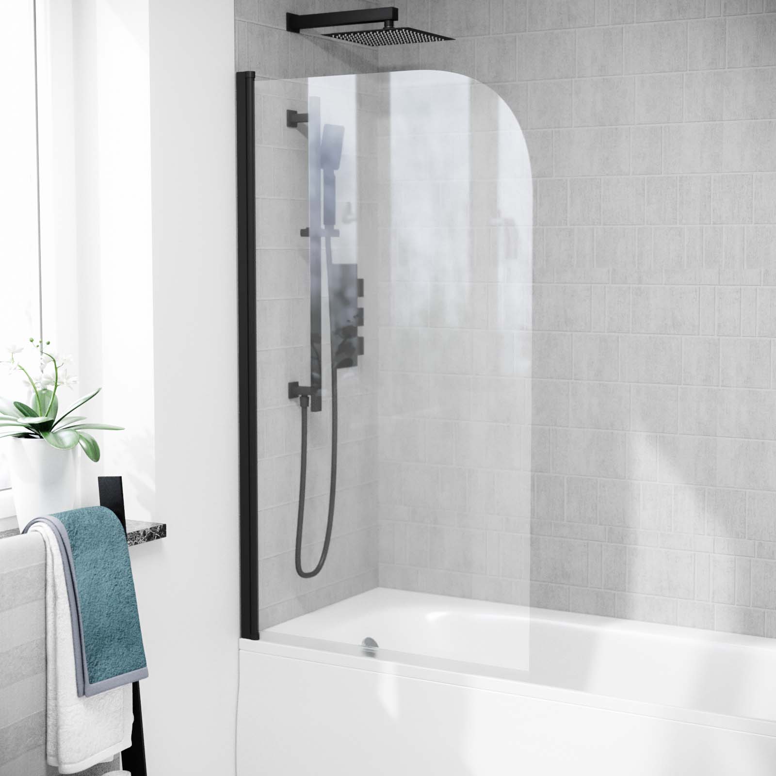 Bentley 800mm Curved Bath Screen Matt Black Profile Clear Glass Reversible