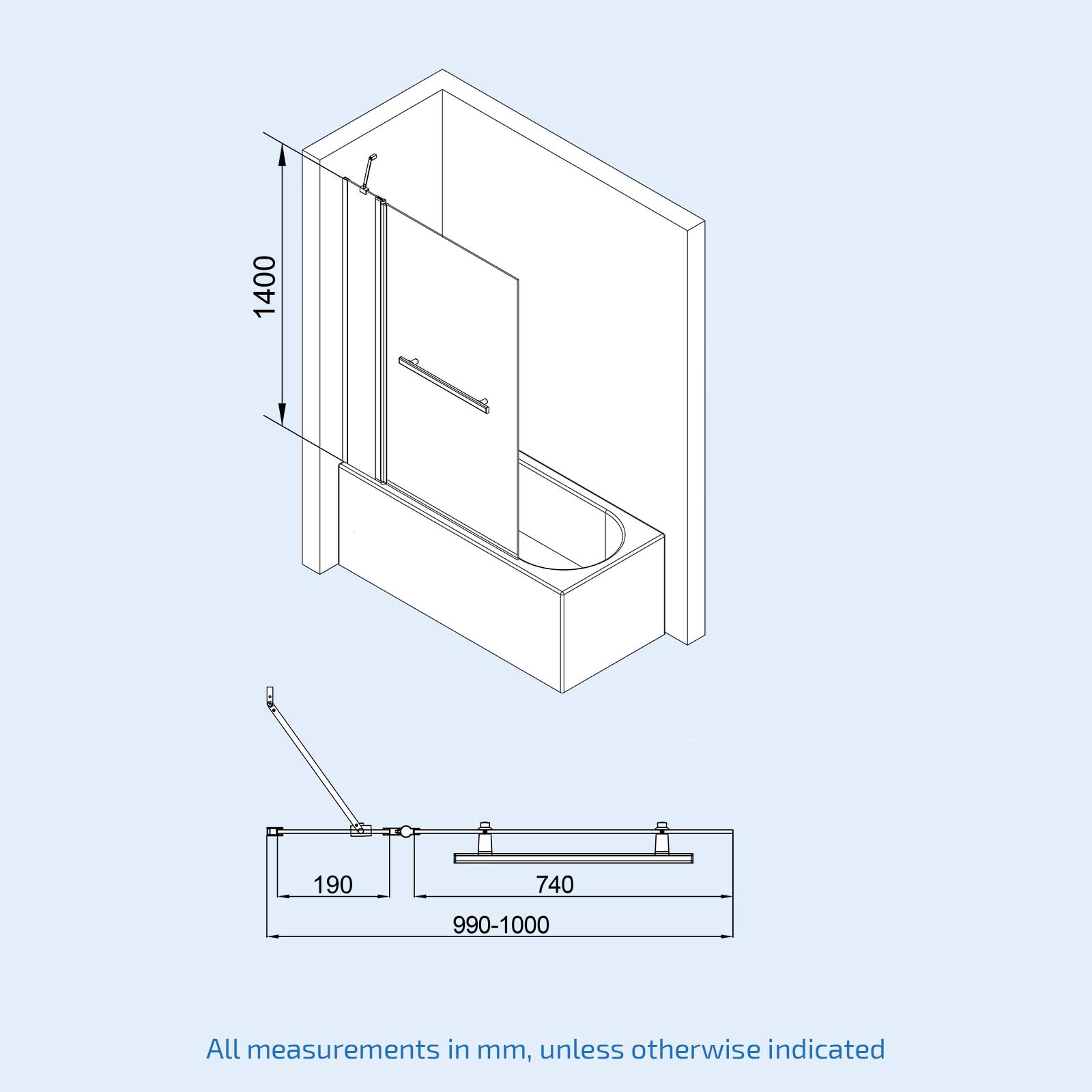 1700mm Round Bath, Square Double Glass Bath Screen with Towel Bar