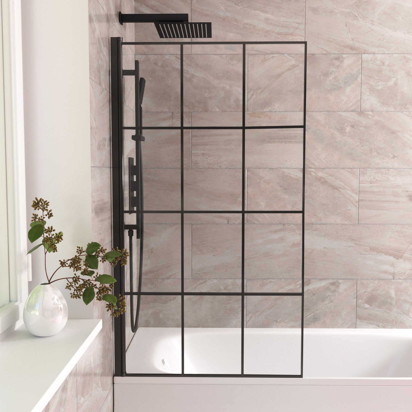 Bath Screen 800mm Matte Black Framed With Grid Glass Reversible