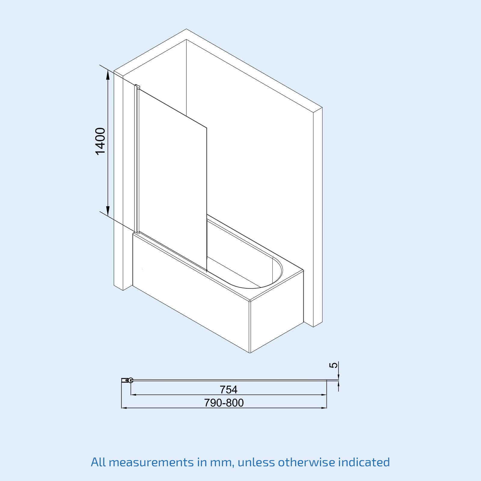 Denver 800mm Matte Black Profile Pivot Swing Door Bath Screen Reversible