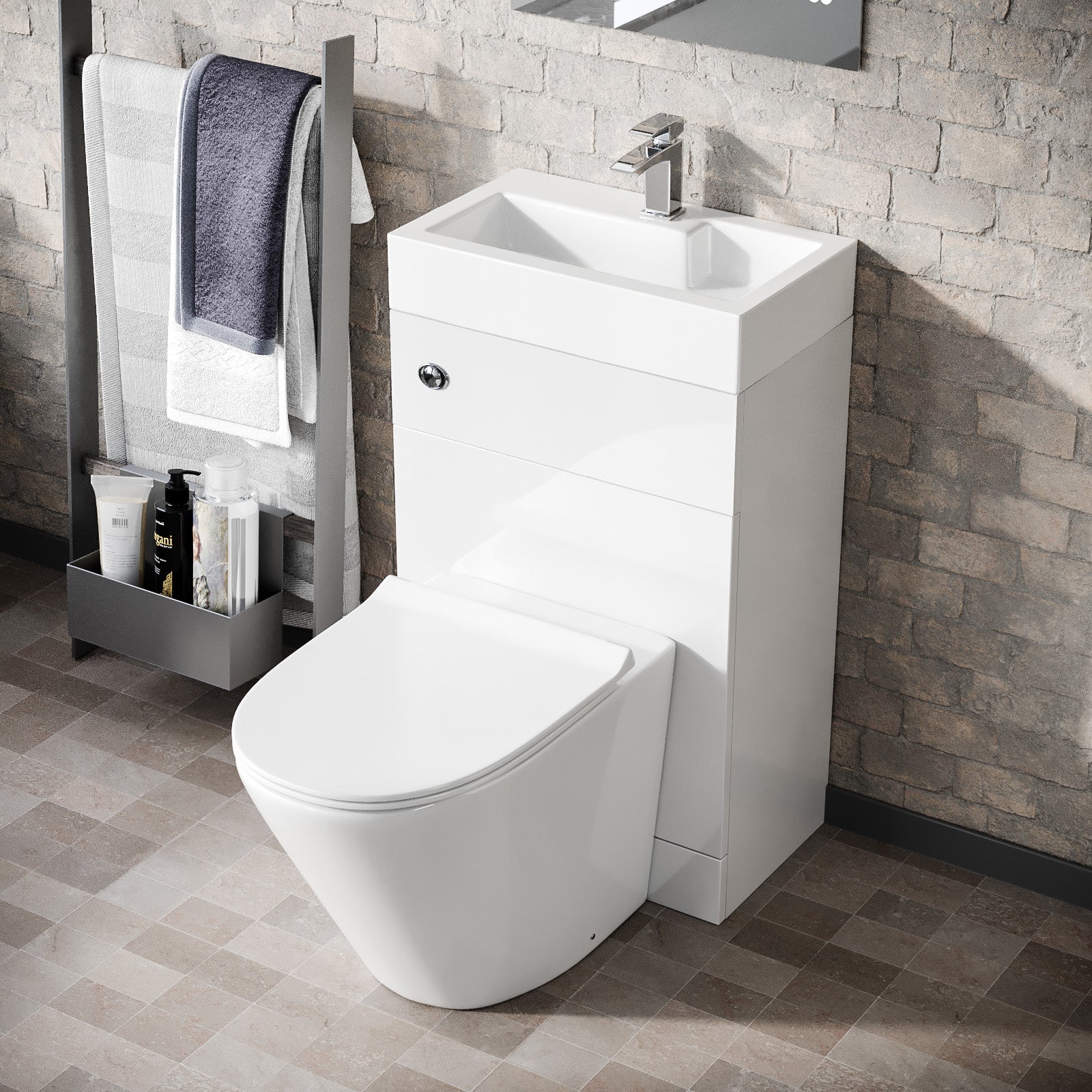 White 2 in 1 Compact Basin & Back to Wall Round Toilet Space Save Set