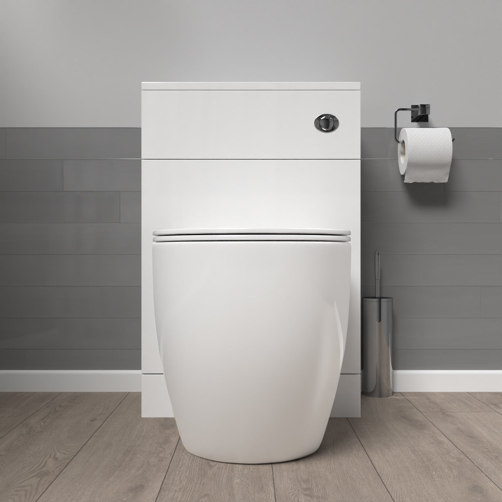 James 500mm WC Unit & D Shape Rimless Round Back To Wall Toilet With Cistern