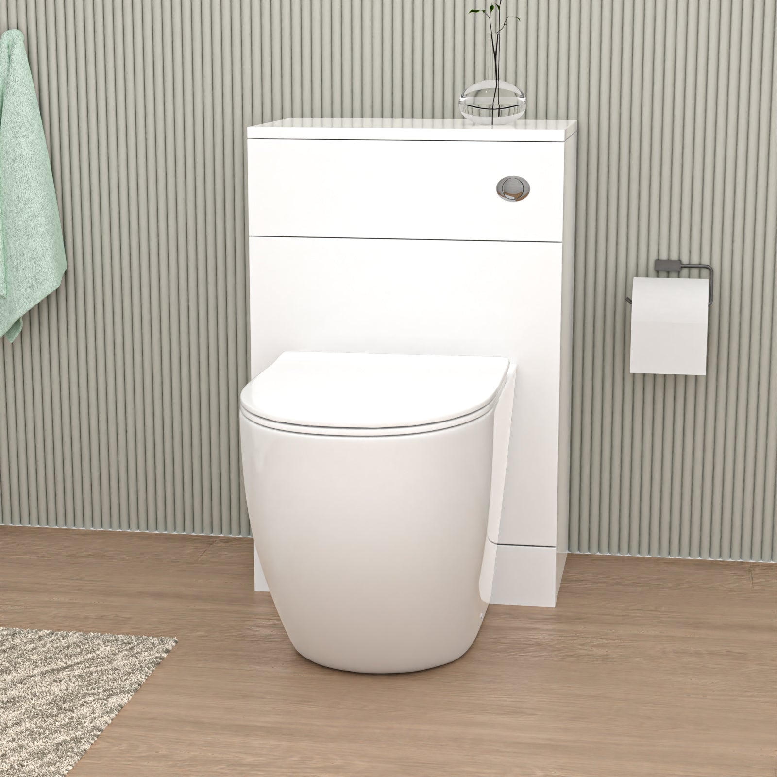 James 500mm WC Unit & D Shape Rimless Round Back To Wall Toilet With Cistern